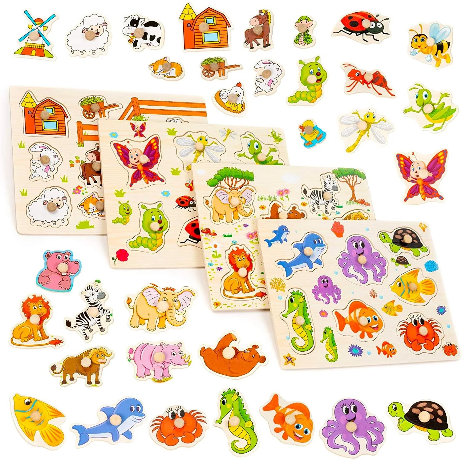 THE TWIDDLERS 4 Holzpuzzle Steckpuzzle Greifpuzzle für Babys & Kleinkinder - Montessori Lernspielzeug, Bauernhof, Dschungeltiere, Meerestiere & Insekten