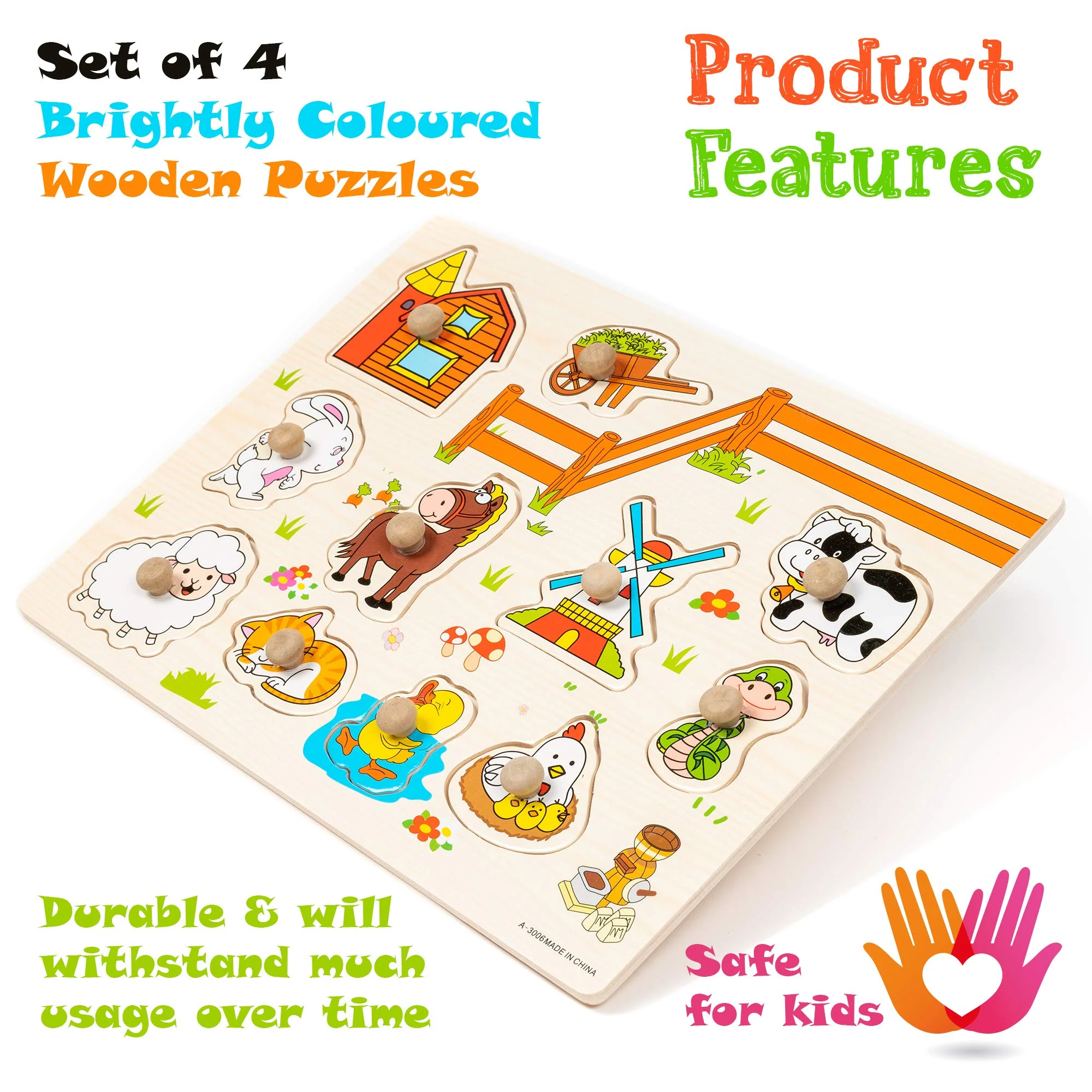 THE TWIDDLERS 4 Holzpuzzle Steckpuzzle Greifpuzzle für Babys & Kleinkinder - Montessori Lernspielzeug, Bauernhof, Dschungeltiere, Meerestiere & Insekten - Image 3