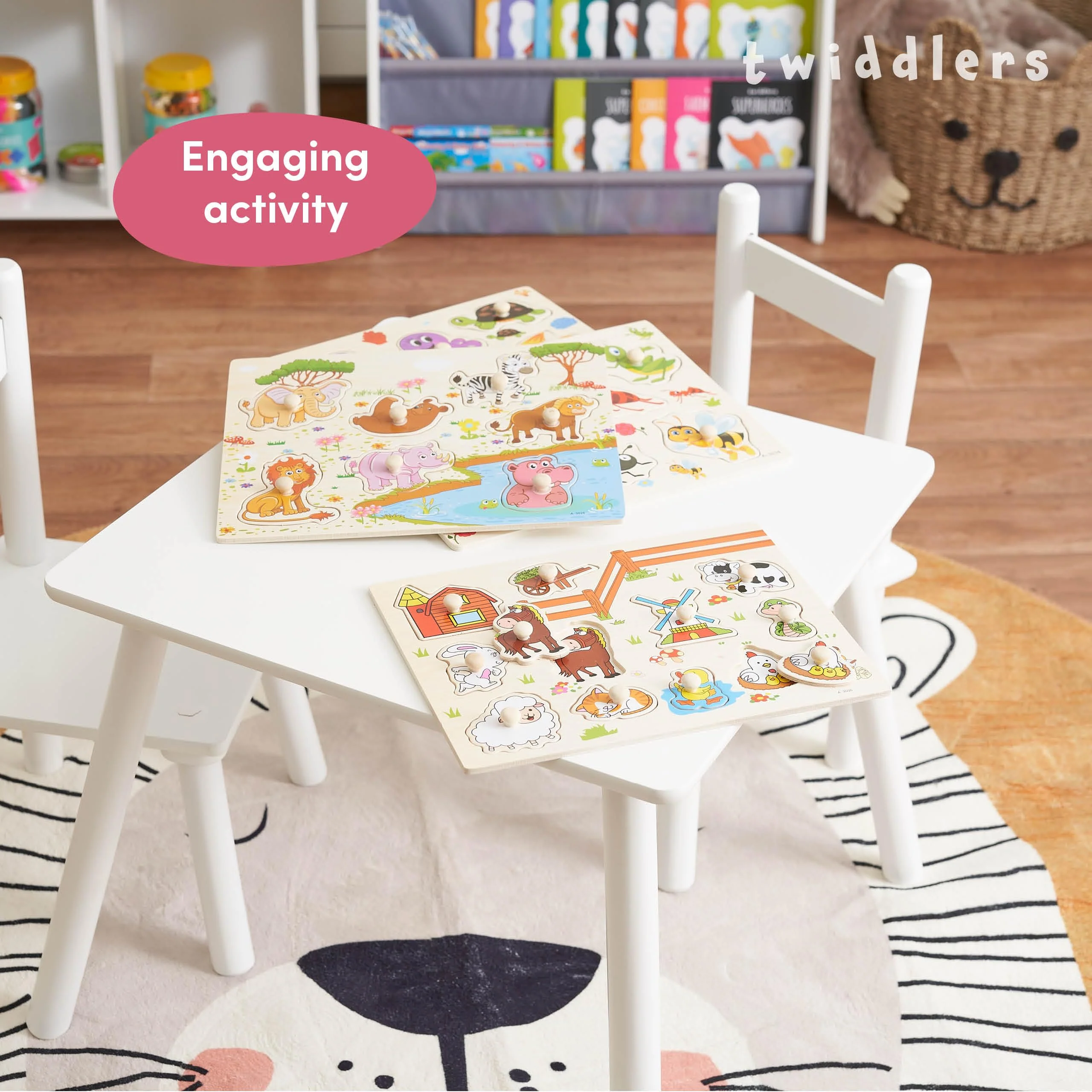 THE TWIDDLERS 4 Holzpuzzle Steckpuzzle Greifpuzzle für Babys & Kleinkinder - Montessori Lernspielzeug, Bauernhof, Dschungeltiere, Meerestiere & Insekten - Image 6
