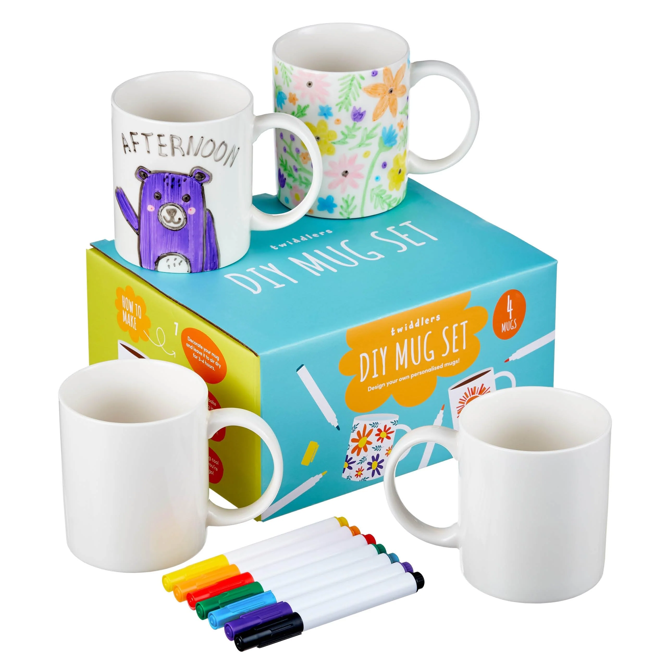 THE TWIDDLERS 4 Tassen zum Bemalen mit 7 Porzellanmalstiften - Kinder Basteln, Personalisiertes Geschenk für Geburtstage, Vater- & Muttertag, Weihnachten