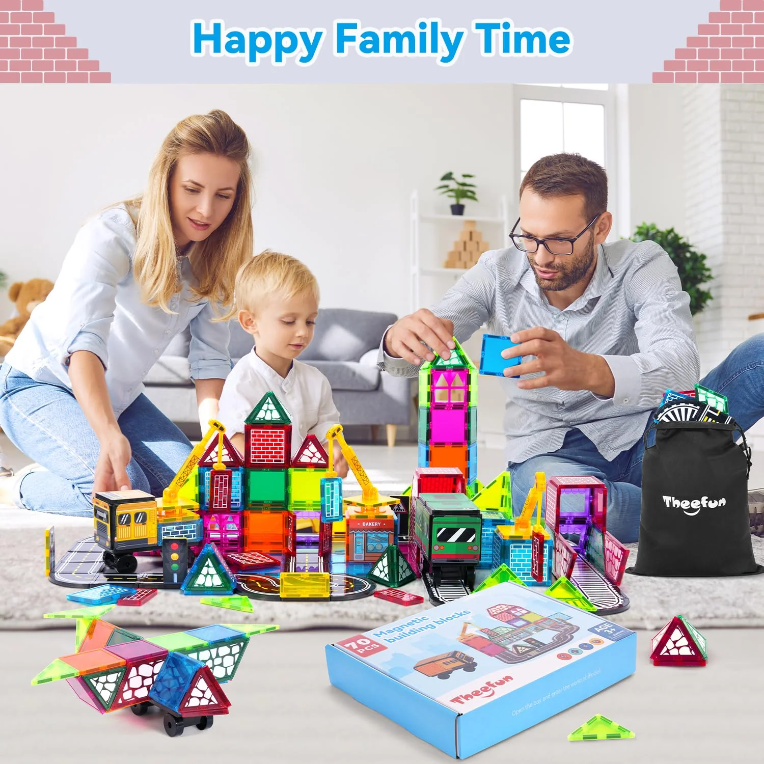 Theefun Magnetische Bausteine, 70PCS 3D Doppelseitiges Straßenset Magnetbausteine mit Kran und Auto STEM Lernen Sensorische Montessori Spielzeug Geschenk für 3+ Jahre alte Jungen und Mädchen - Image 2