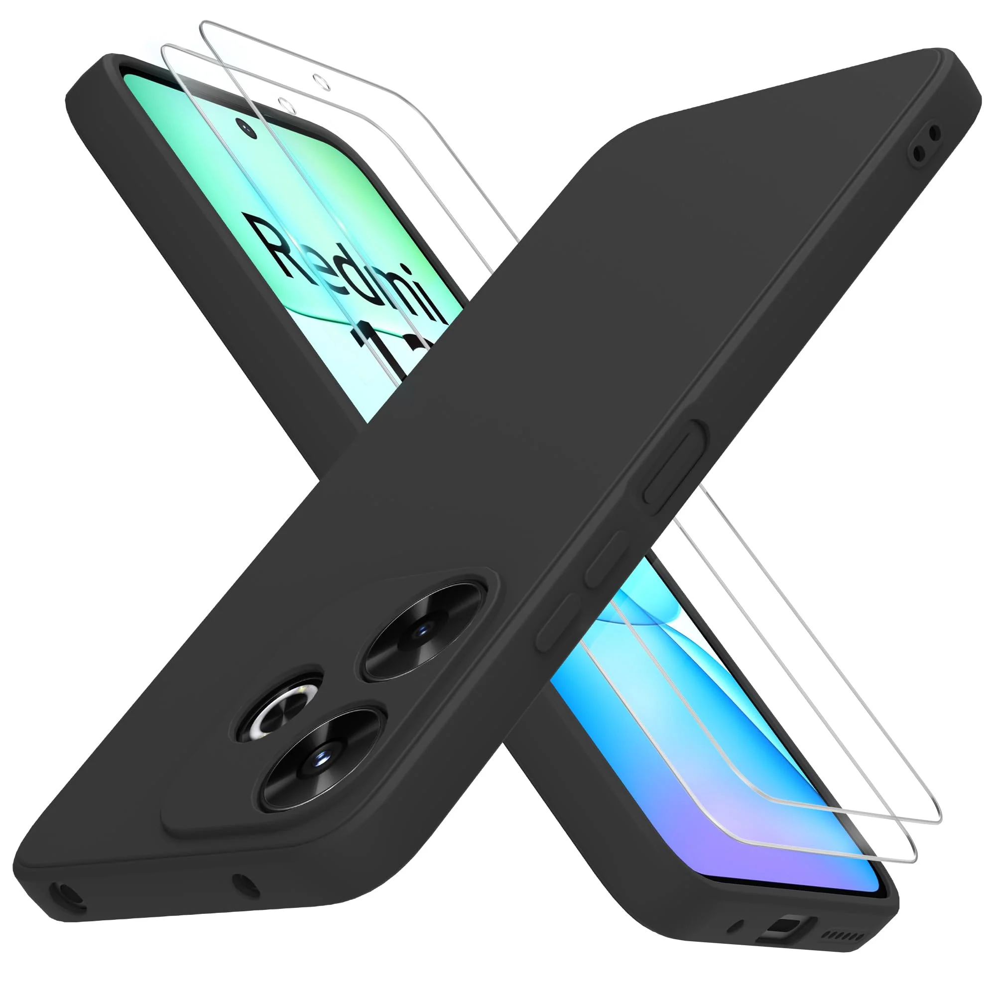 THIYUFUNS Hülle für Xiaomi Redmi 13 4G Handyhülle mit 2 Stück Schutzfolie, TPU Silikon Liquid Silicone Dünne Weiche Stoßfest Case Schutzhülle für Xiaomi Redmi 13 4G (6.79") - Schwarz - Image 3