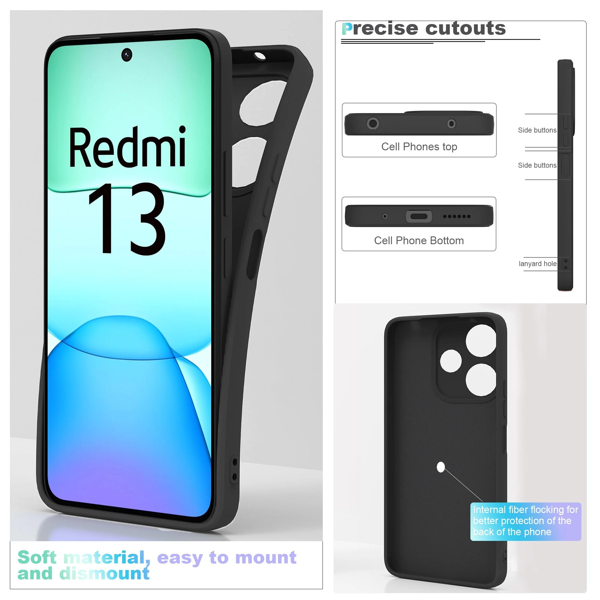 THIYUFUNS Hülle für Xiaomi Redmi 13 4G Handyhülle mit 2 Stück Schutzfolie, TPU Silikon Liquid Silicone Dünne Weiche Stoßfest Case Schutzhülle für Xiaomi Redmi 13 4G (6.79") - Schwarz - Image 4