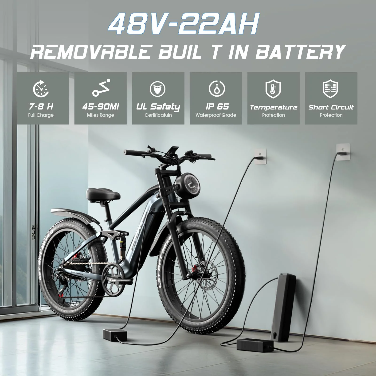 tifgalop Elektrofahrrad für Erwachsene, bürstenloser Hochfrequenzmotor, Doppel-Amortisierung, herausnehmbarer 48V18AH-Akku, maximale Reichweite 45-90 km, 26-Zoll-Mountainbike - Image 3