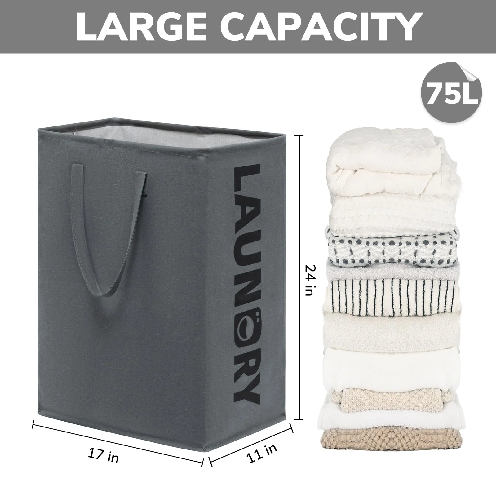 TIMEYARD Wäschekorb, 2er Set 75L Wäschesammler, Wäschekorb Groß, Aufbewahrungskorb Kinderzimmer, Laundry Baskets, Wäschekorb Faltbar Handtuchkorb für Badezimmer Wohnzimmer Wäschetonne, 43x60cm, Grau - Image 7