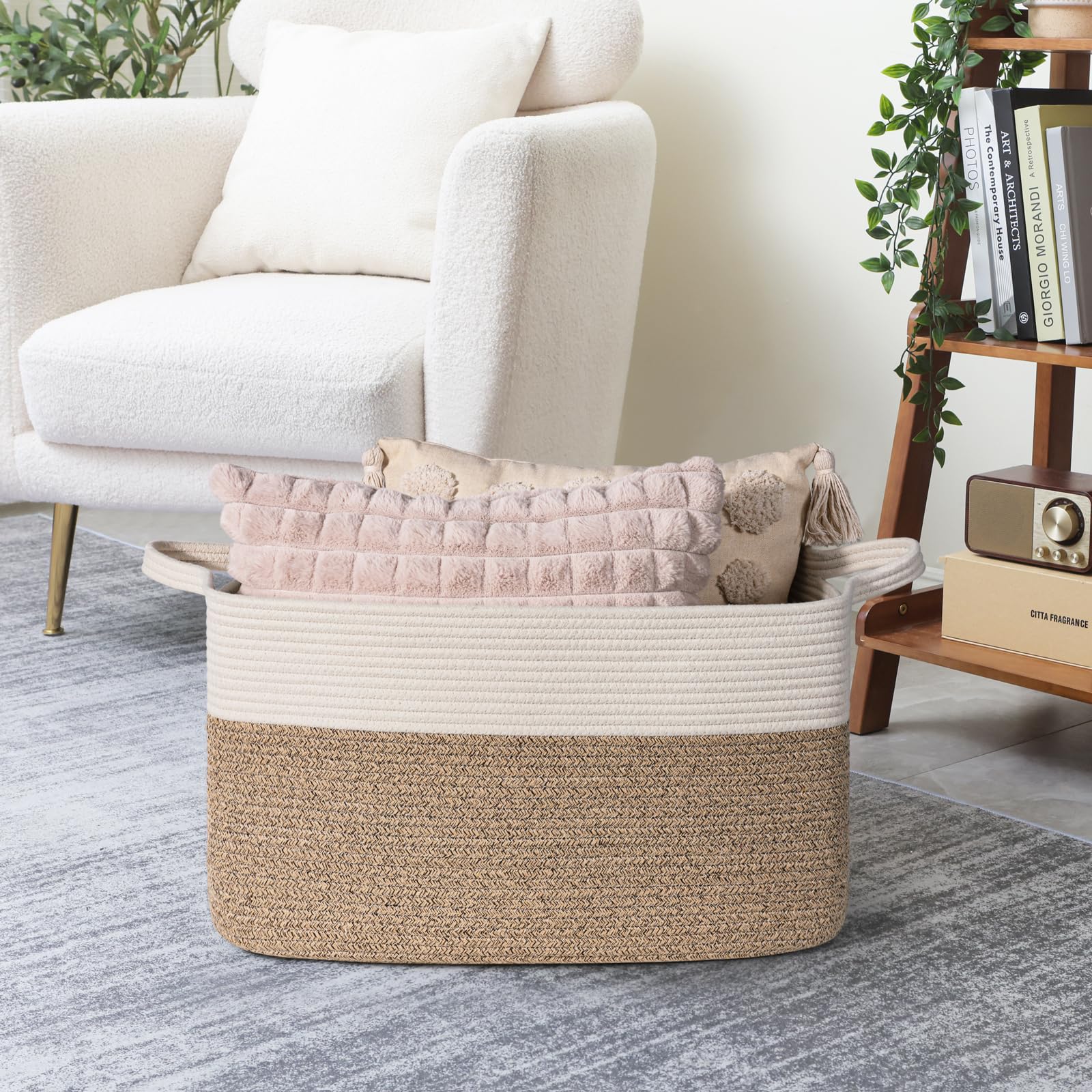 TIMEYARD Wäschekorb, Korb Aufbewahrung, Faltbarer Wäschekorb, Aufbewahrungskorb für Baby Spielzeug, Square Laundry Baskets, Korb Aufbewahrung für Decken, kissen, Gästehandtuchkorb, 65L, Weiß und Braun - Image 2