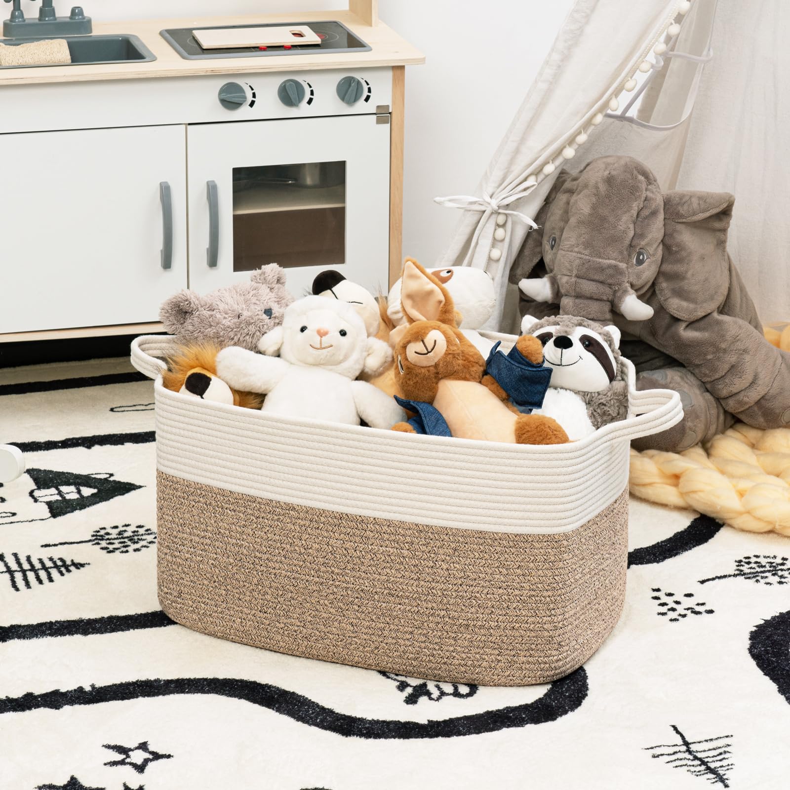 TIMEYARD Wäschekorb, Korb Aufbewahrung, Faltbarer Wäschekorb, Aufbewahrungskorb für Baby Spielzeug, Square Laundry Baskets, Korb Aufbewahrung für Decken, kissen, Gästehandtuchkorb, 65L, Weiß und Braun - Image 6