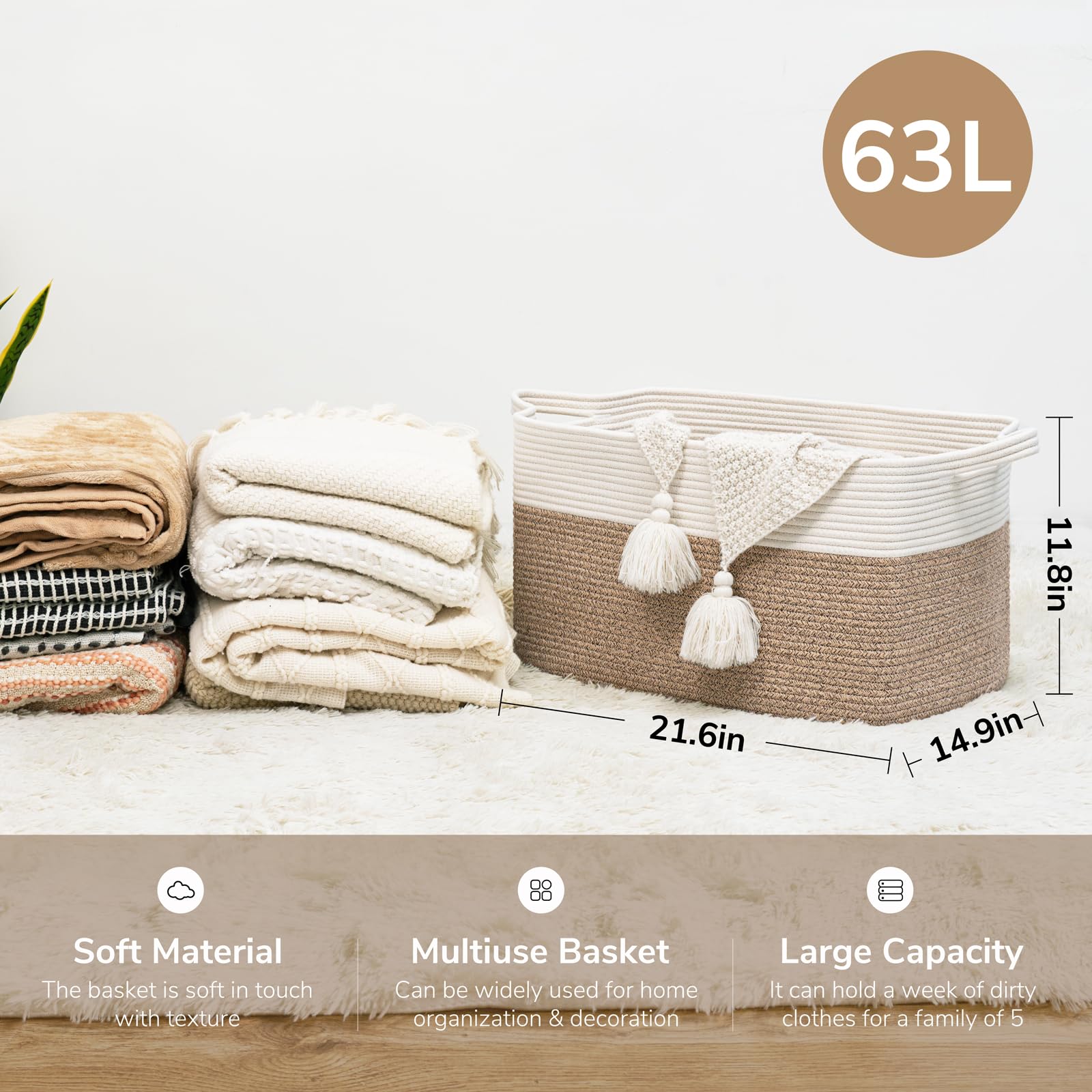 TIMEYARD Wäschekorb, Korb Aufbewahrung, Faltbarer Wäschekorb, Aufbewahrungskorb für Baby Spielzeug, Square Laundry Baskets, Korb Aufbewahrung für Decken, kissen, Gästehandtuchkorb, 65L, Weiß und Braun - Image 7