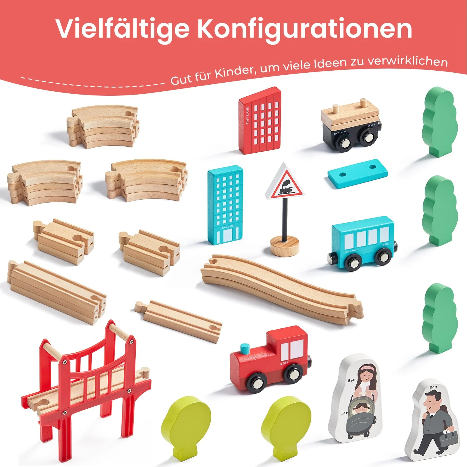 Tiny Land 39 Pcs Holzeisenbahn und Züge Pack Eisenbahn Anfängerset Kompatibel mit Thomas Passend für Eichhorn Zugset Kleinkinderspielzeug empfohlen ab 3 Jahren - Image 5