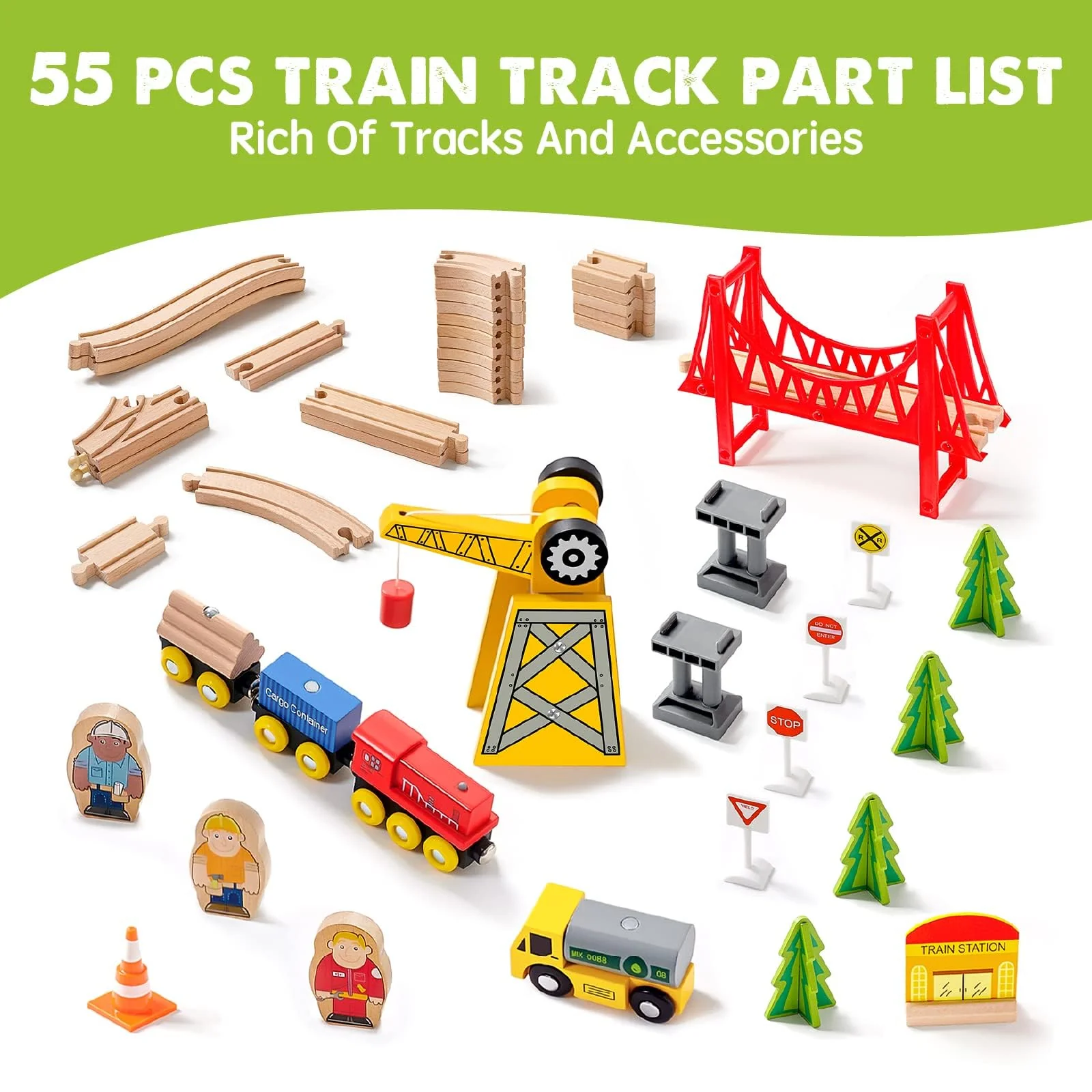 Tiny Land 55Pcs Holzeisenbahn Set, Eisenbahn Holz für Kinder mit Kran, Kombinierbar Zug Spielzeug, Holzeisenbahn Zubehör Passend für Alle Großen Marken, Holzzug Spielzeug für Kinder ab 2~5 - Image 2