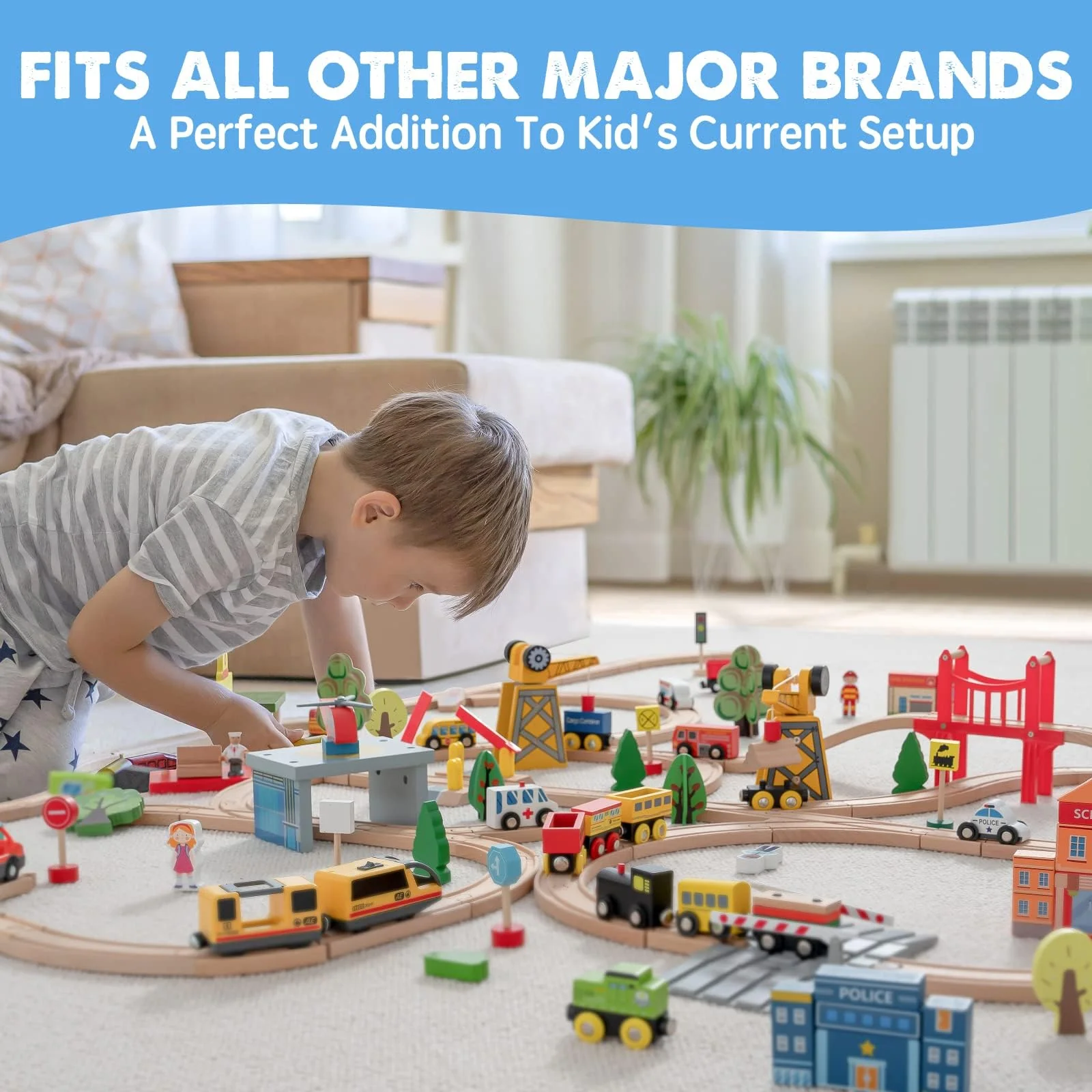 Tiny Land 55Pcs Holzeisenbahn Set, Eisenbahn Holz für Kinder mit Kran, Kombinierbar Zug Spielzeug, Holzeisenbahn Zubehör Passend für Alle Großen Marken, Holzzug Spielzeug für Kinder ab 2~5 - Image 4