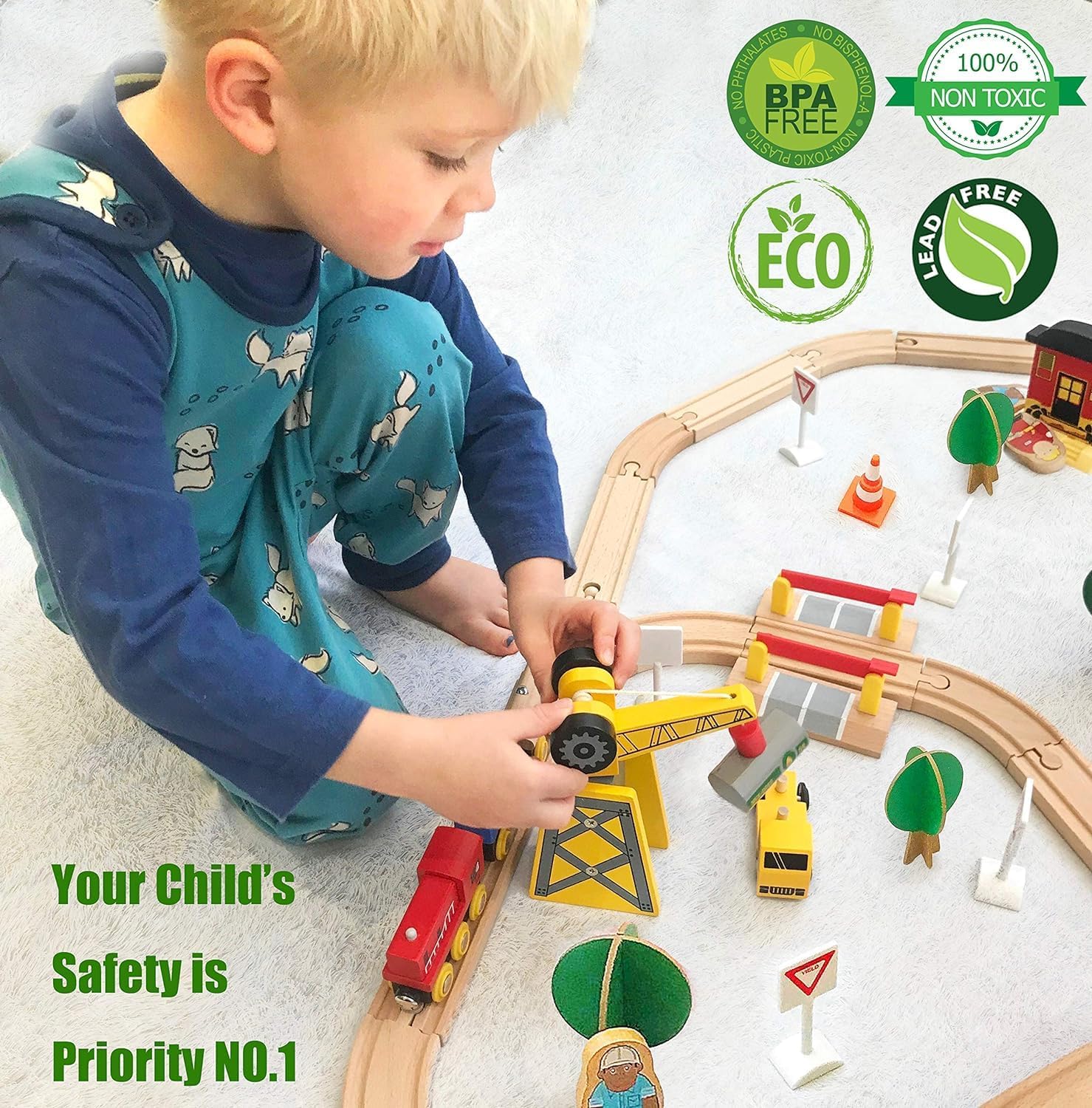 Tiny Land 55Pcs Holzeisenbahn Set, Eisenbahn Holz für Kinder mit Kran, Kombinierbar Zug Spielzeug, Holzeisenbahn Zubehör Passend für Alle Großen Marken, Holzzug Spielzeug für Kinder ab 2~5 - Image 6