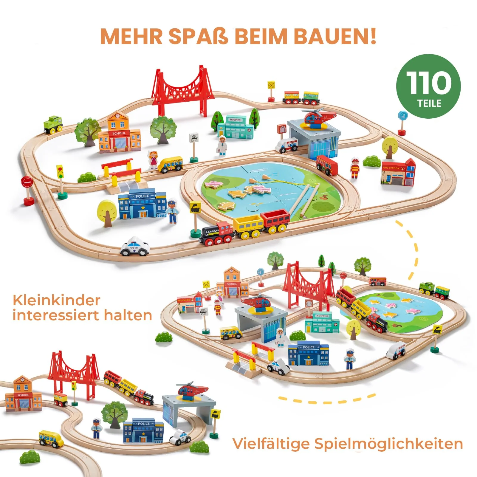 Tiny Land Eisenbahn-Set, 110-teiliges Holzeisenbahn-Set, Spielzeugeisenbahn für Jungen und Mädchen mit Holzeisenbahnschienen, Holzspielzeug für Kleinkinder und Kinder im Alter von 3–7 Jahren, Eisenbah - Image 7