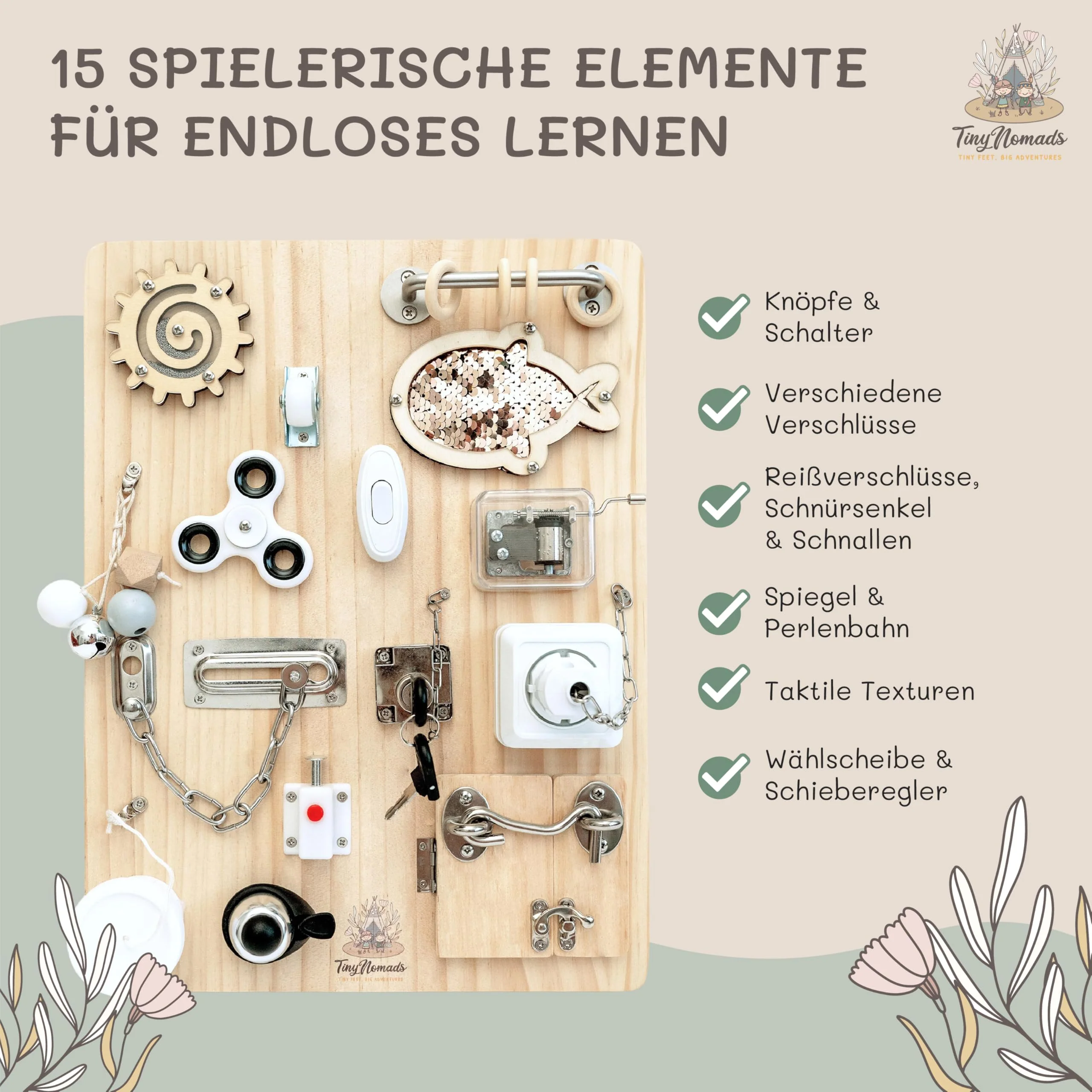 Tiny Nomads Montessori Busy Board motorikbrett ab 1 2 3 4 Jahr - Motorikboard für Baby Sensorik Activity Board holzspielzeug Autismus & ADHS geeignet - Image 2