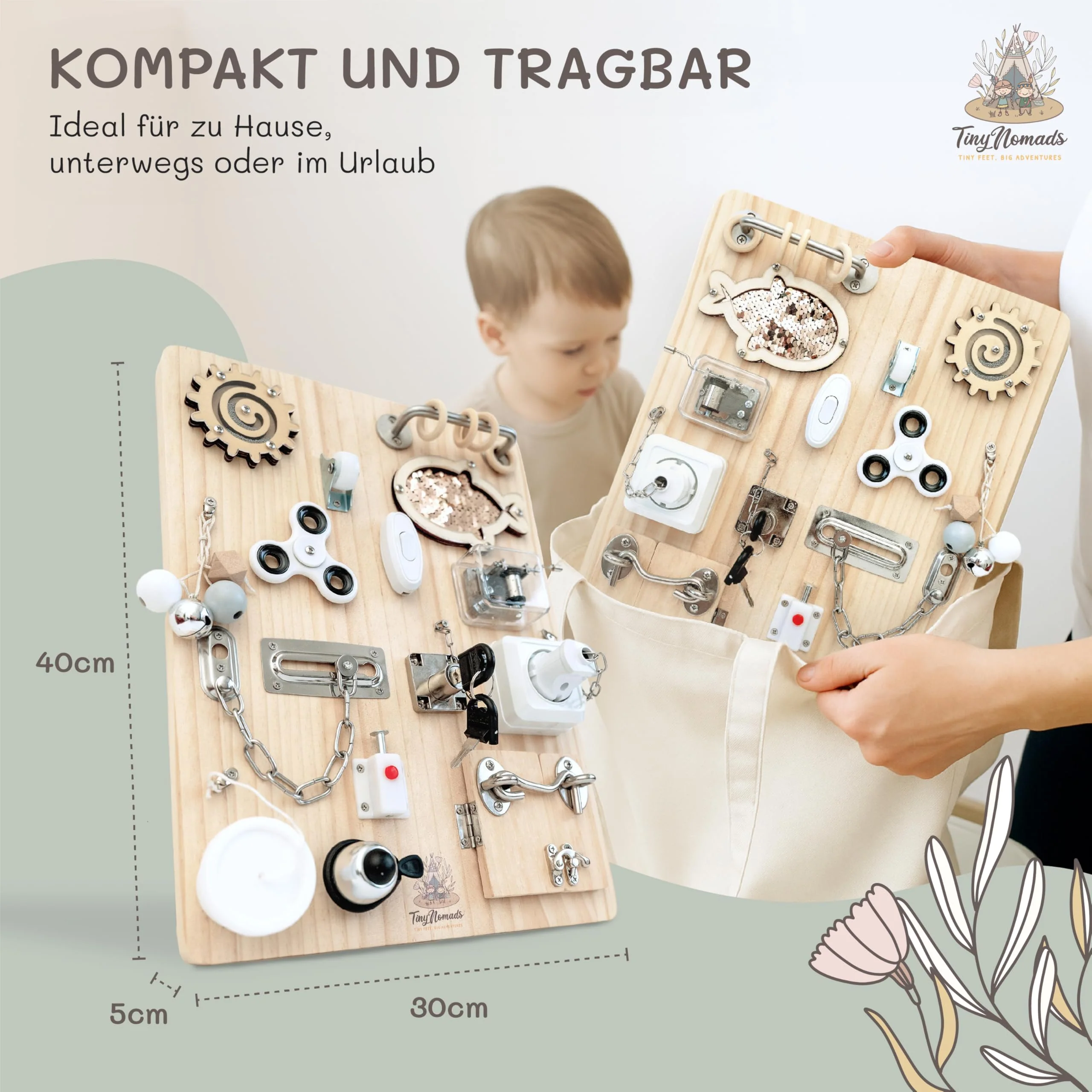 Tiny Nomads Montessori Busy Board motorikbrett ab 1 2 3 4 Jahr - Motorikboard für Baby Sensorik Activity Board holzspielzeug Autismus & ADHS geeignet - Image 4