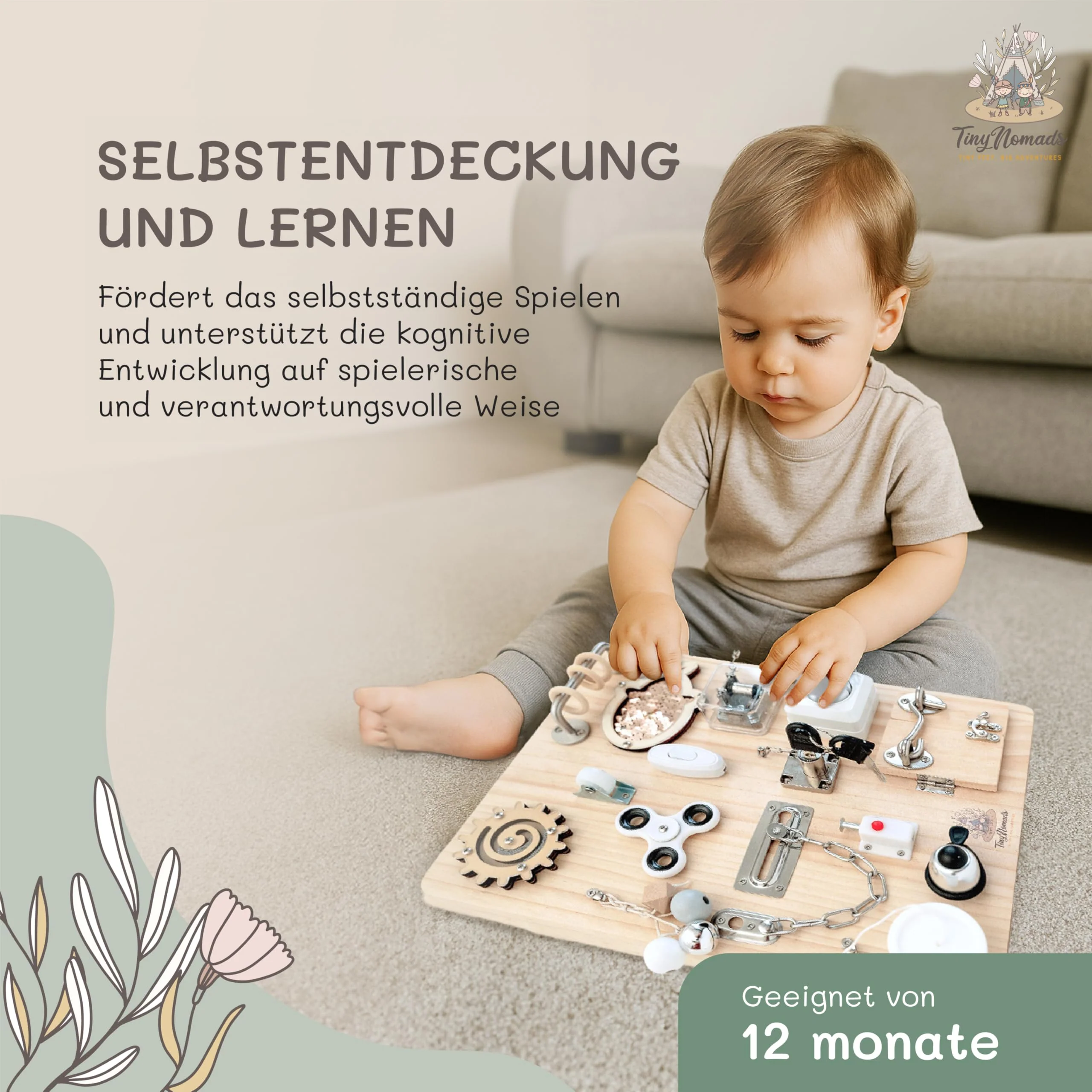 Tiny Nomads Montessori Busy Board motorikbrett ab 1 2 3 4 Jahr - Motorikboard für Baby Sensorik Activity Board holzspielzeug Autismus & ADHS geeignet - Image 5