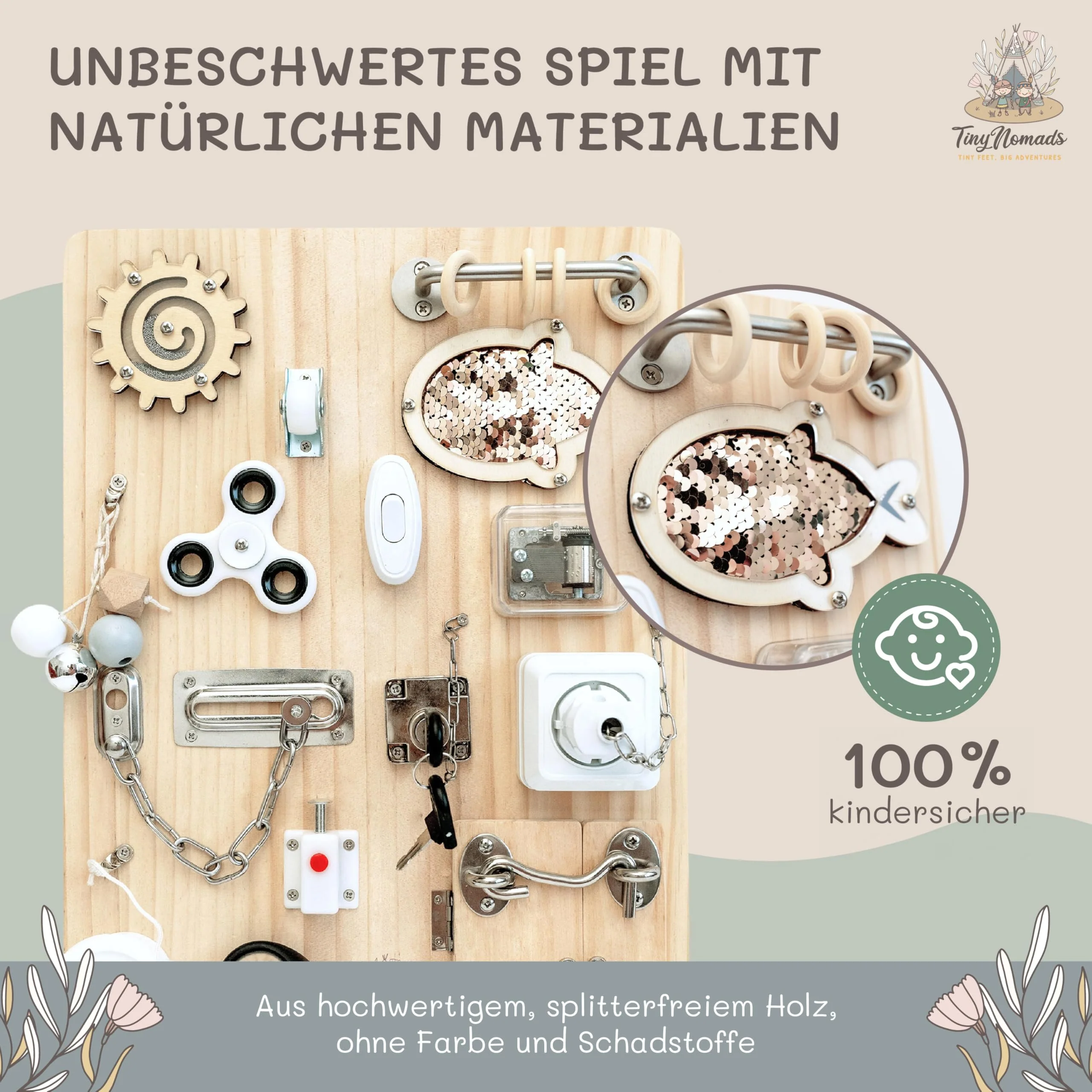 Tiny Nomads Montessori Busy Board motorikbrett ab 1 2 3 4 Jahr - Motorikboard für Baby Sensorik Activity Board holzspielzeug Autismus & ADHS geeignet - Image 6