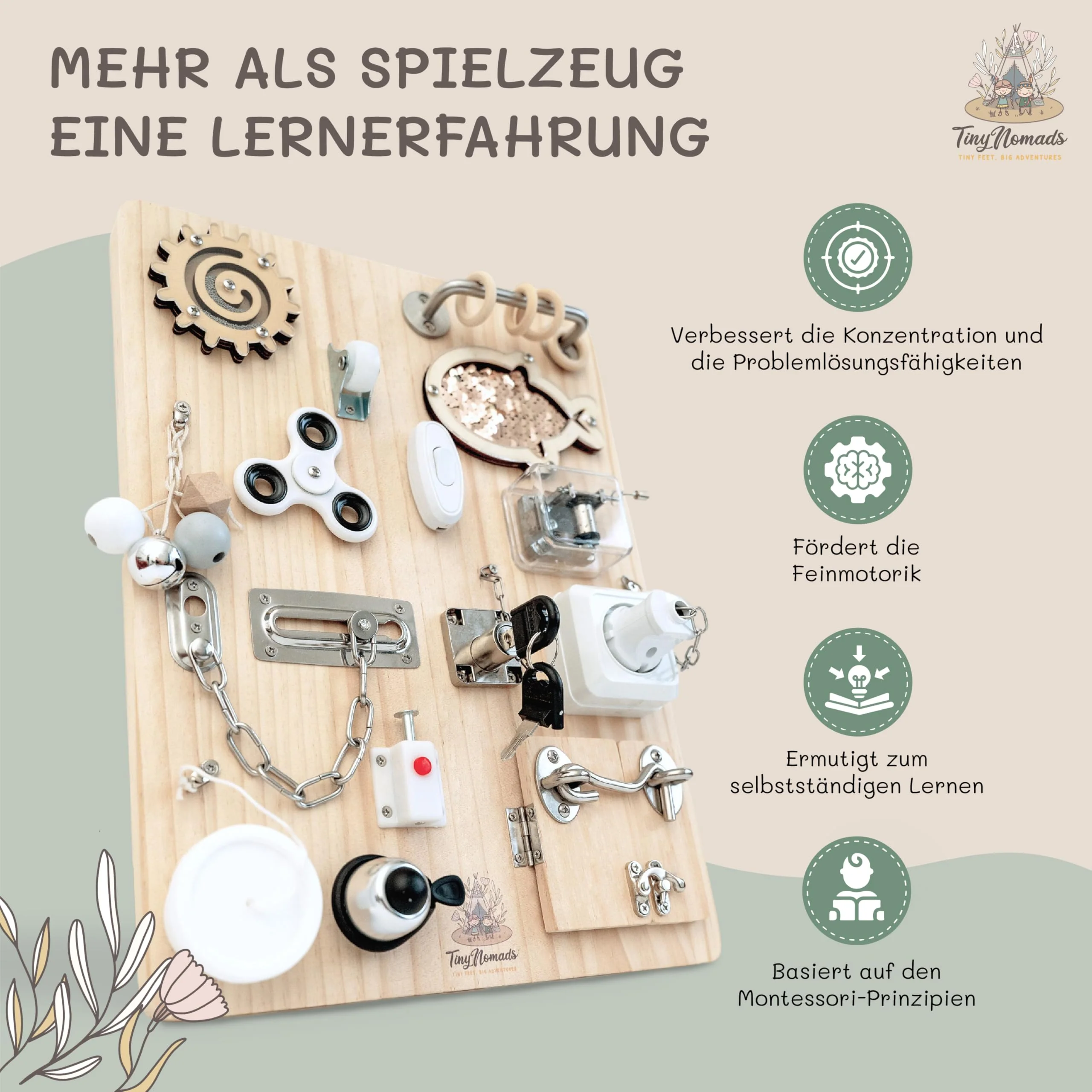 Tiny Nomads Montessori Busy Board motorikbrett ab 1 2 3 4 Jahr - Motorikboard für Baby Sensorik Activity Board holzspielzeug Autismus & ADHS geeignet - Image 7