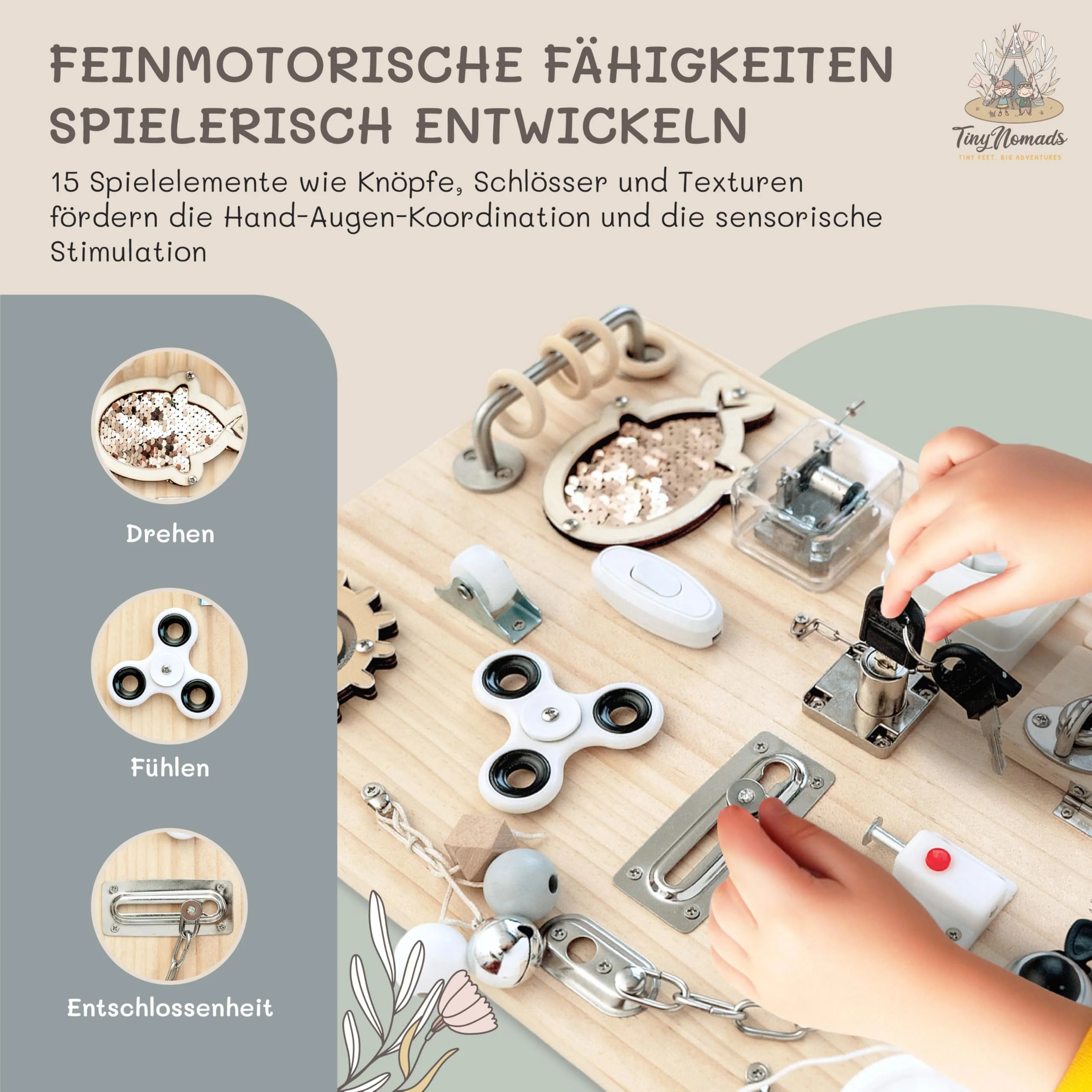 Tiny Nomads Montessori Busy Board motorikbrett ab 1 2 3 4 Jahr - Motorikboard für Baby Sensorik Activity Board holzspielzeug Autismus & ADHS geeignet - Image 8