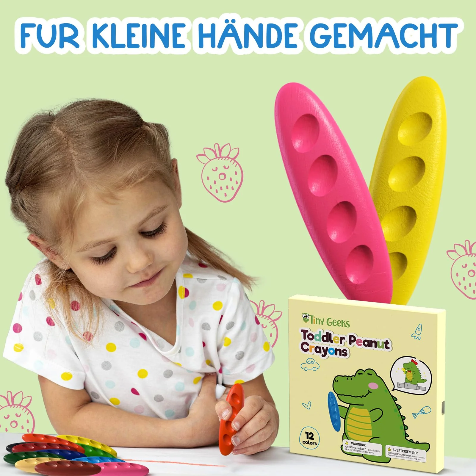TinyGeeks 12 Wachsmalstifte ab 2 Jahre + Malstifte ab 2 jahre | Malen kinder ab 2-4 | Stifte Kleinkind | Wachsmalstifte ab 3 jahre | Erdnuss-Buntstifte - Image 9