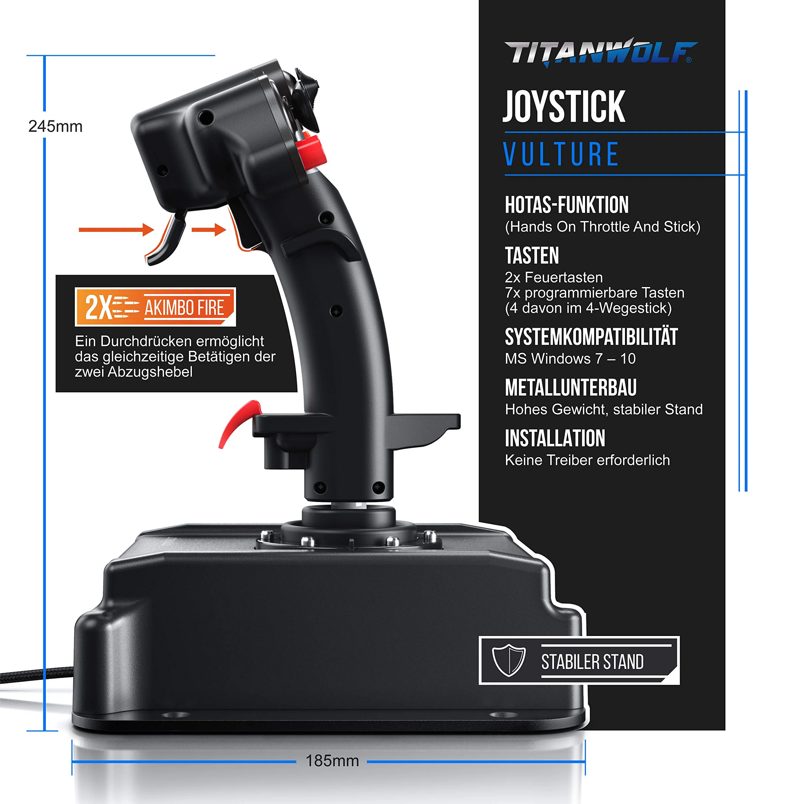 Titanwolf - PC Joystick - Flight Stick – Vierweg Joystick – HOTAS Funktion - stufenloser Schubregler – Hat Switch Achtwege Stick - 4 Buttons D-Pad - 3 Modi – Gashebel – Ruder – 9 Knöpfe-23 Funktionen - Image 3