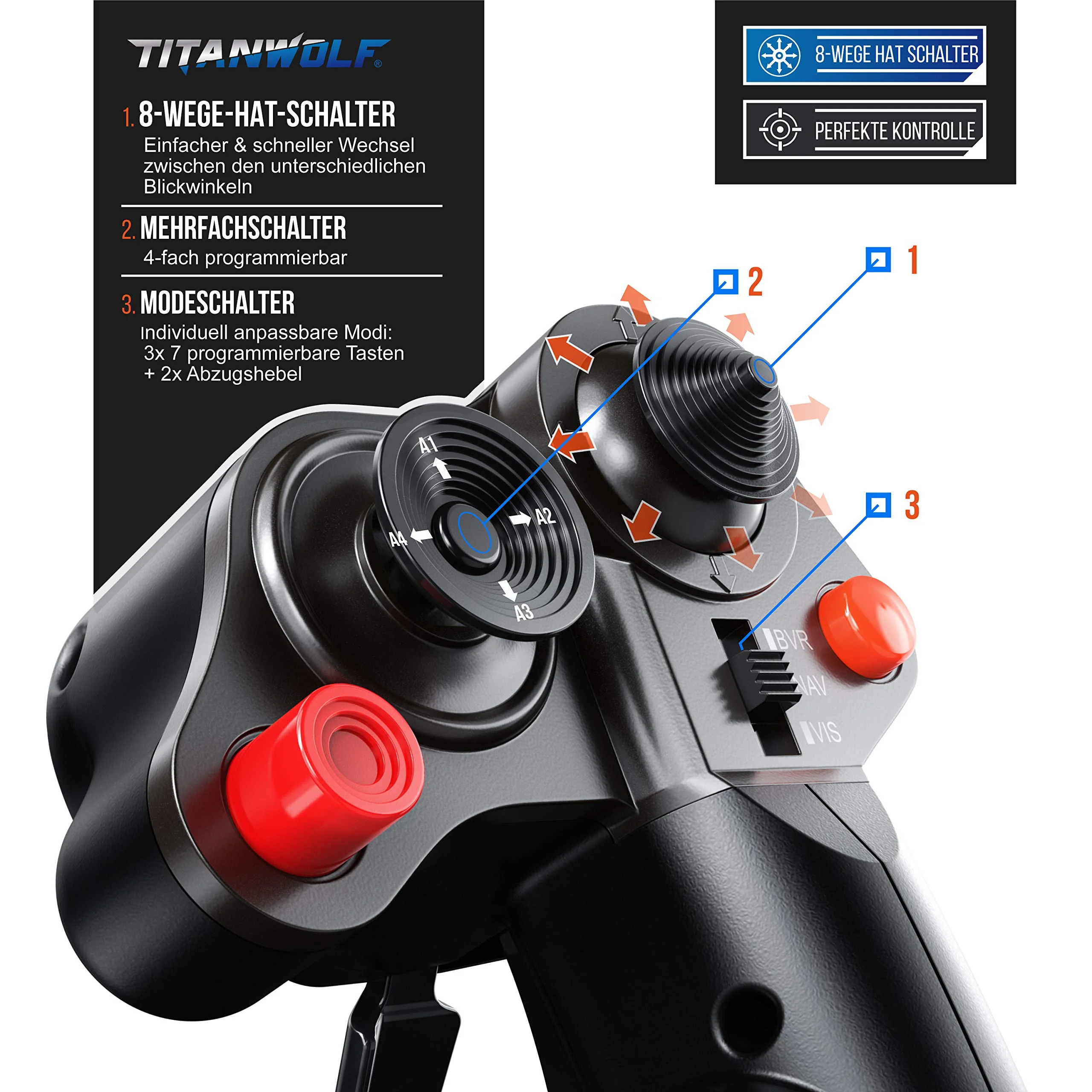 Titanwolf - PC Joystick - Flight Stick – Vierweg Joystick – HOTAS Funktion - stufenloser Schubregler – Hat Switch Achtwege Stick - 4 Buttons D-Pad - 3 Modi – Gashebel – Ruder – 9 Knöpfe-23 Funktionen - Image 4