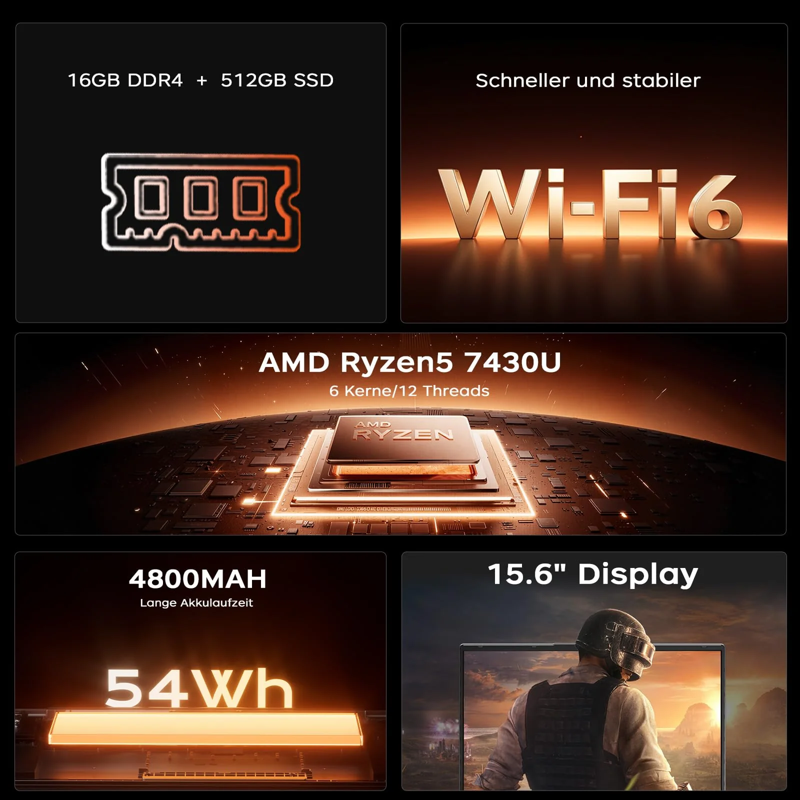 Tivique Laptop,15,6 Zoll,Ryzen 7 7730U Prozessor,bis zu 4.5GHz,16 GB RAM 512 GB SSD,NVMe PCIe 3.0,Unterstützt 4 TB SSD-Erweiterung,Gaming Laptops, Leichtgewicht,WiFi6, HDMI - Image 2
