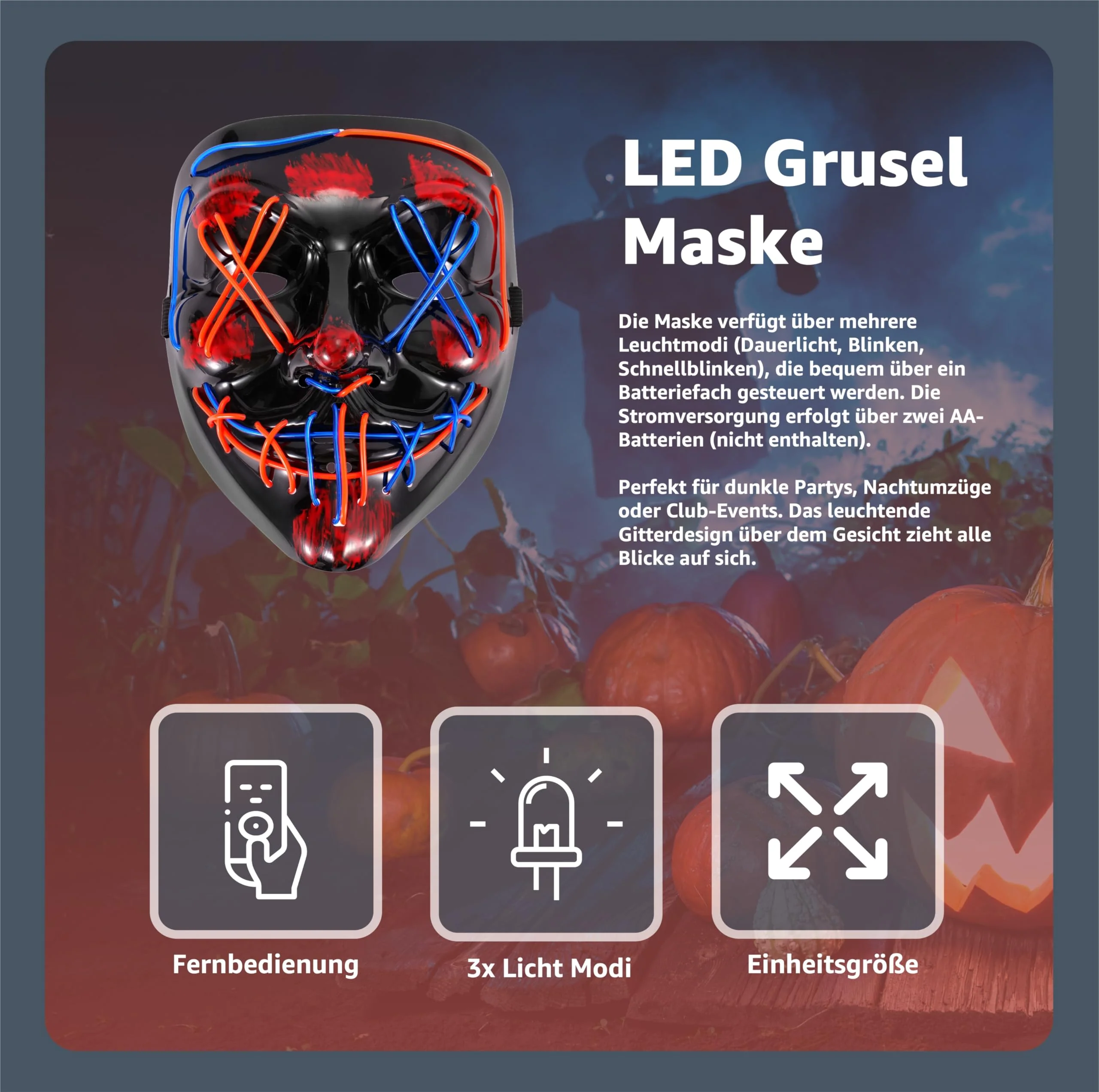 TK Gruppe Timo Klingler LED Grusel Maske - wie aus Purge für Halloween, Fasching & Karneval als Kostüm für Herren & Damen (rot/blau) - Image 6