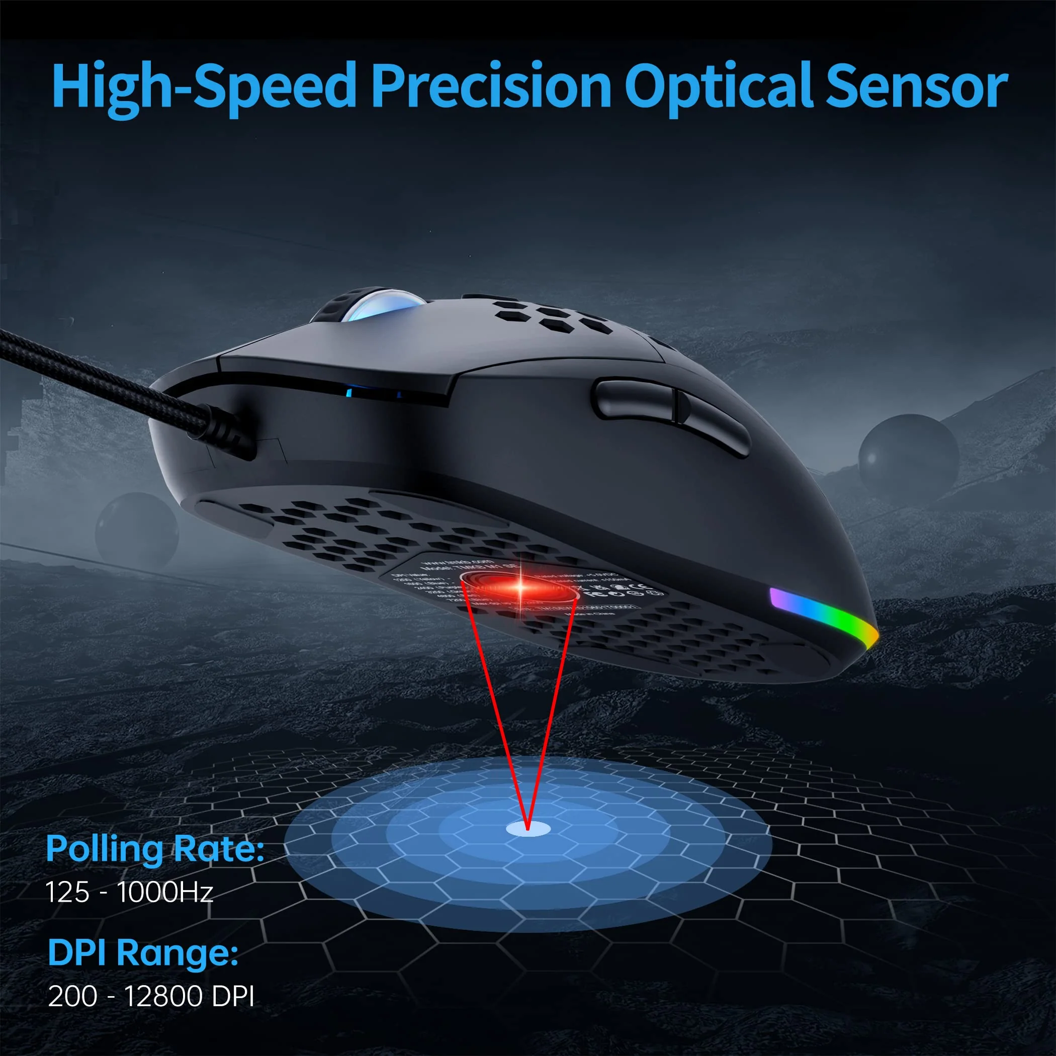 TMKB M1se Gaming Maus mit 12800 DPI Optischer Sensor,6 Programmierbare Tasten Wabenmaus,Anpassbares RGB Computer Mouse,Schleppfreies Paracord,Ergonomische für Windows PC MAC-Schwarz - Image 6