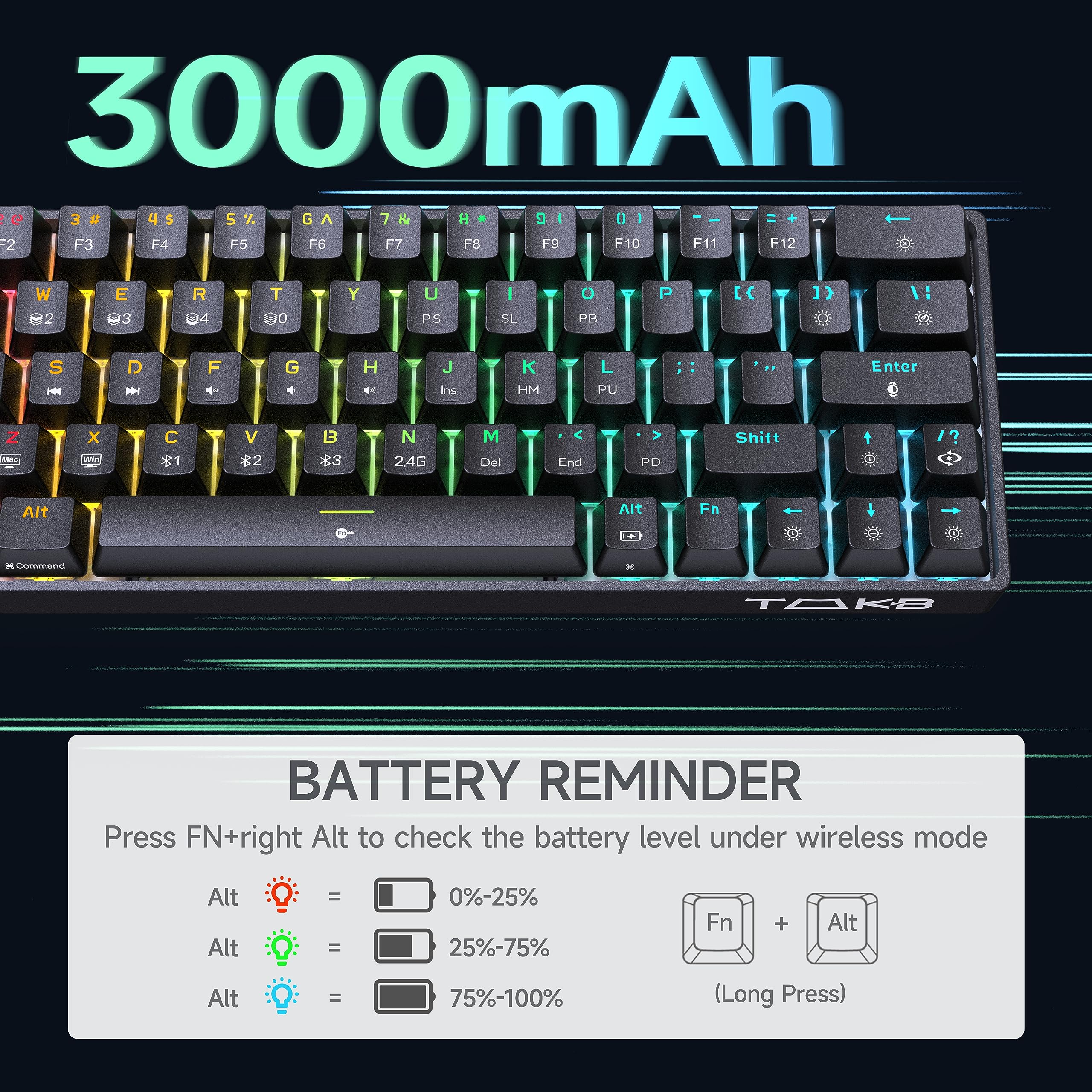 TMKB T63 Gaming Tastatur Mechanische Kabellos mit Red Switch,Bluetooth / 2.4G / Mit Kabel,RGB-Hintergrundbeleuchtung,Schwarz - Image 3