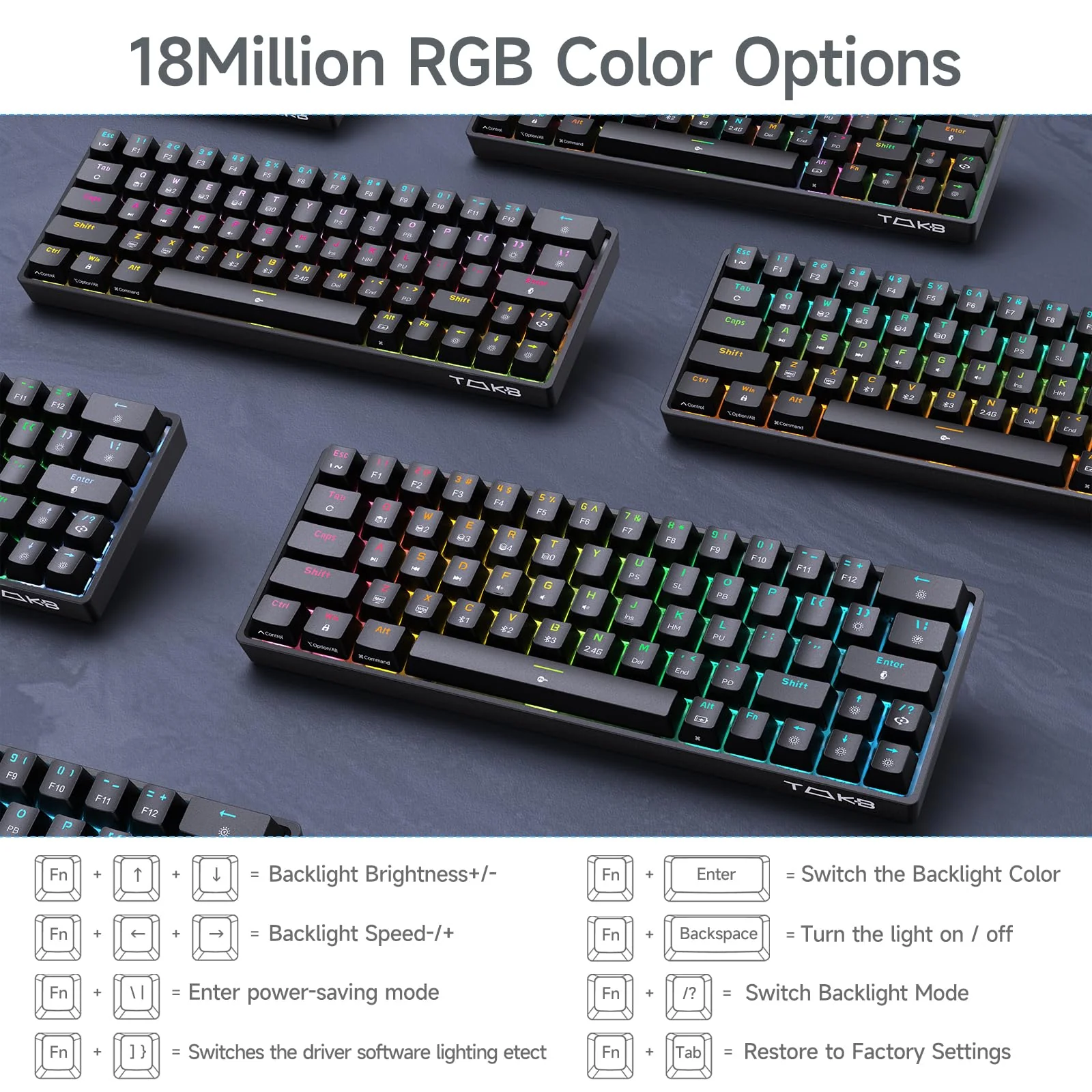 TMKB T63 Gaming Tastatur Mechanische Kabellos mit Red Switch,Bluetooth / 2.4G / Mit Kabel,RGB-Hintergrundbeleuchtung,Schwarz - Image 7