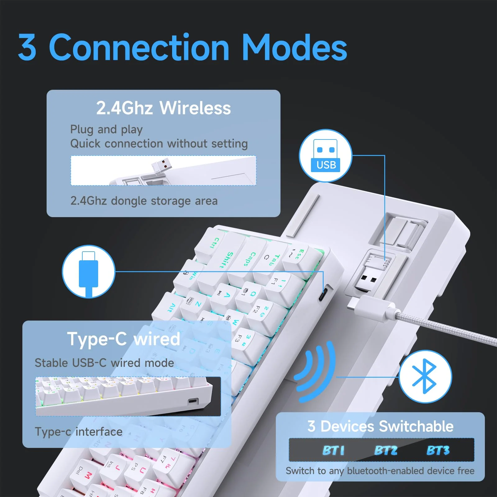 TMKB T63 Gaming Tastatur Mechanische Kabellos mit Red Switch,Bluetooth / 2.4G / Mit Kabel,RGB-Hintergrundbeleuchtung,weiße - Image 14