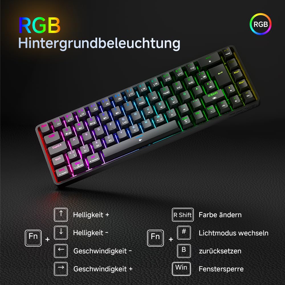 TMKB T68 Gaming Tastatur,60% Kabellos Mechanische RGB Tastatur mit Bluetooth/2.4G/Typ-C,Compact 68 Tasten Anti-Ghosting,Deutsches QWERTZ Layout,Blue Clicky Switch,Schwarz - Image 2