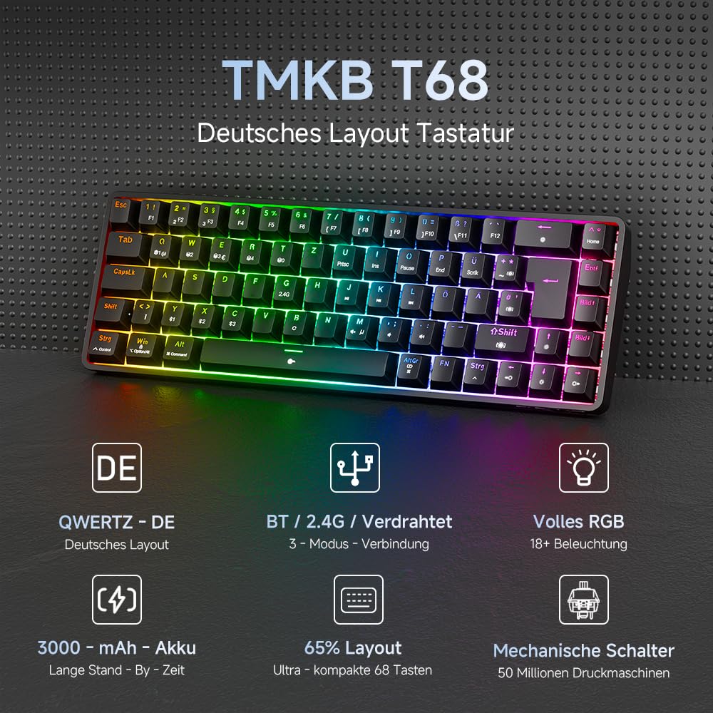 TMKB T68 Gaming Tastatur,60% Kabellos Mechanische RGB Tastatur mit Bluetooth/2.4G/Typ-C,Compact 68 Tasten Anti-Ghosting,Deutsches QWERTZ Layout,Blue Clicky Switch,Schwarz - Image 3