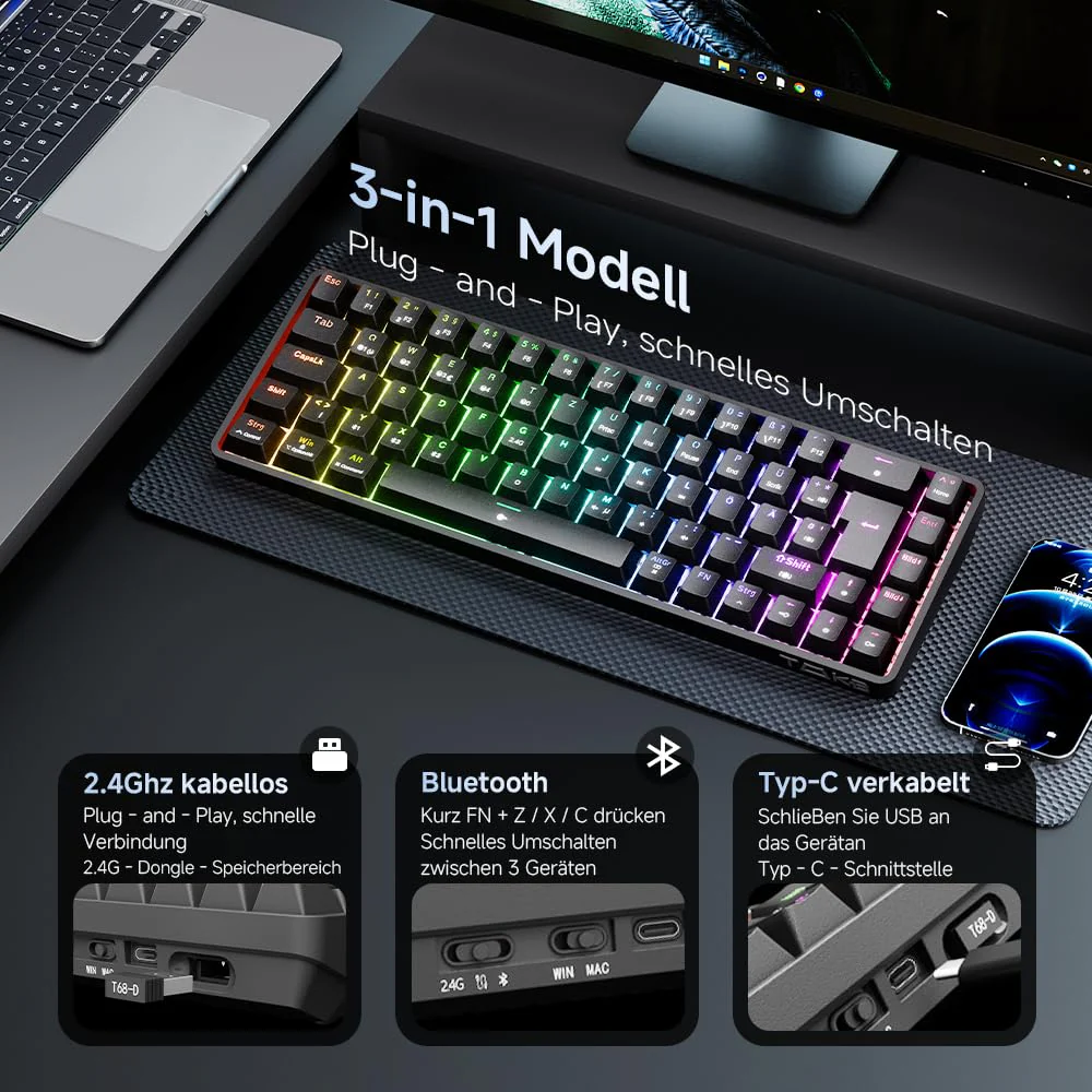 TMKB T68 Gaming Tastatur,60% Kabellos Mechanische RGB Tastatur mit Bluetooth/2.4G/Typ-C,Compact 68 Tasten Anti-Ghosting,Deutsches QWERTZ Layout,Blue Clicky Switch,Schwarz - Image 7