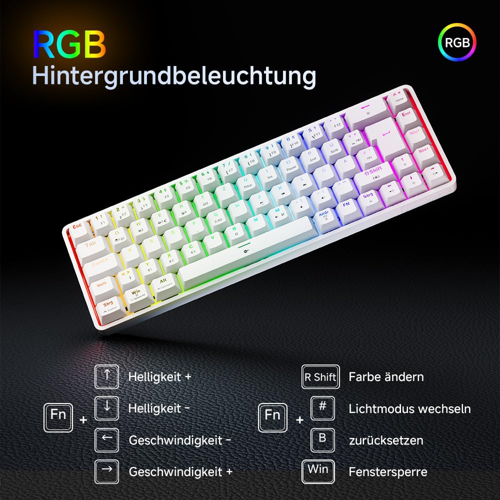 TMKB T68 Gaming Tastatur,60% Kabellos Mechanische RGB Tastatur mit Bluetooth/2.4G/Typ-C,Compact 68 Tasten Anti-Ghosting,Deutsches QWERTZ Layout,Blue Clicky Switch,weiße - Image 6