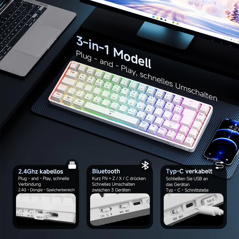 TMKB T68 Gaming Tastatur,60% Kabellos Mechanische RGB Tastatur mit Bluetooth/2.4G/Typ-C,Compact 68 Tasten Anti-Ghosting,Deutsches QWERTZ Layout,Blue Clicky Switch,weiße - Image 8