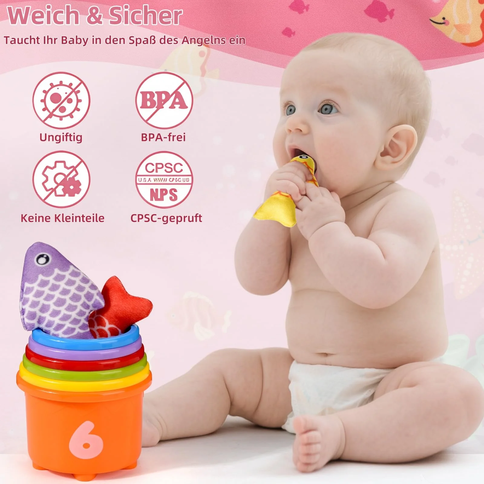 Tokiyis Baby Spielzeug ab 1 2 Jahr, Rosa Angelspiel für Kinder 6 9 12 18 Monate, Lernspiele, Motorikspielzeug, Montessori Spielzeug, Fische Angeln Spiel - Geschenk 1-3 Jahr Mädchen - Image 6