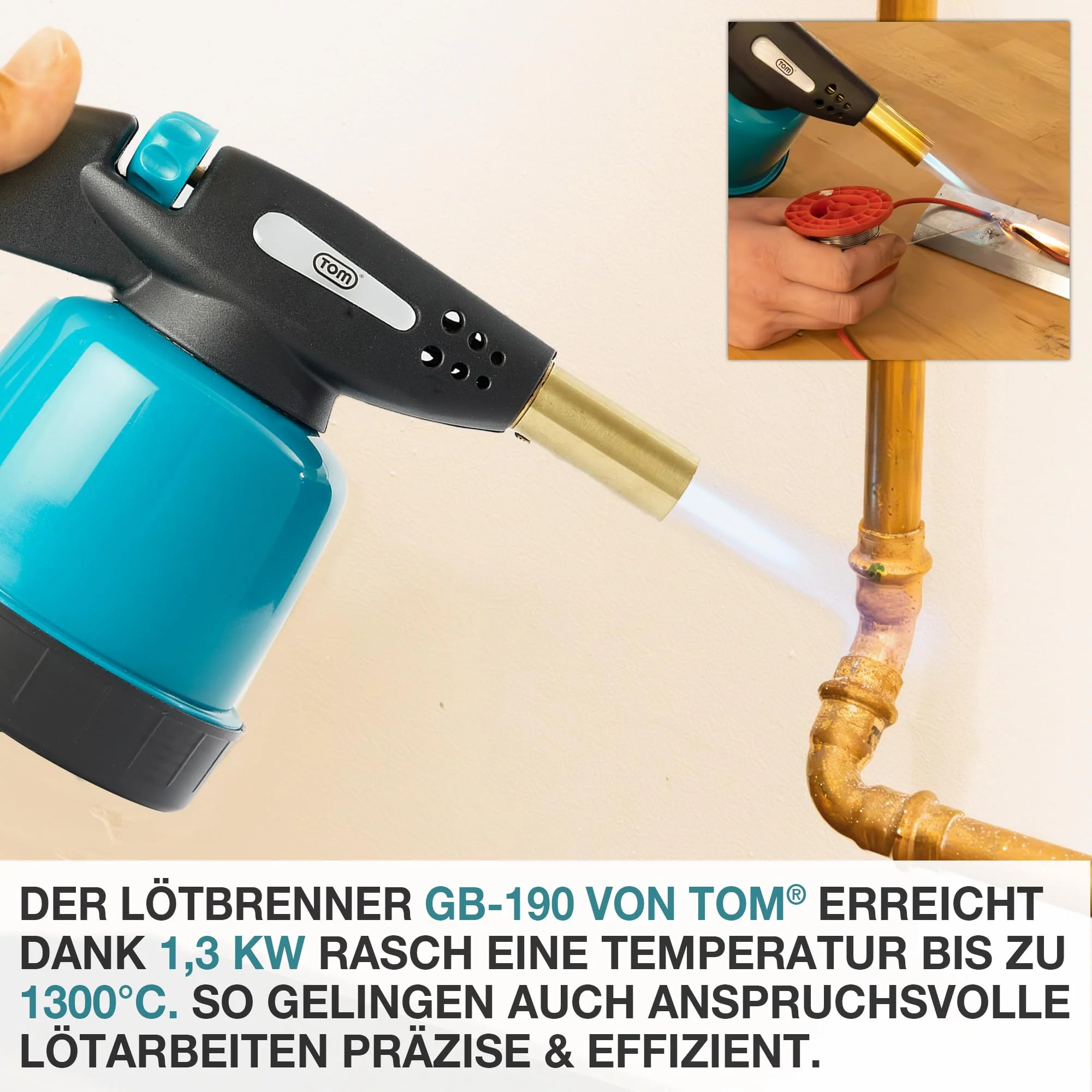 TOM Gas-Lötbrenner im Set – inkl. 4 x 190 g Universal Gaskartuschen – 1300°C – Lötlampe zum Weich- oder Hartlöten – Piezozündung – Bunsenbrenner Gasbrenner (Lötbrenner mit 4 Gaskartuschen) - Image 5
