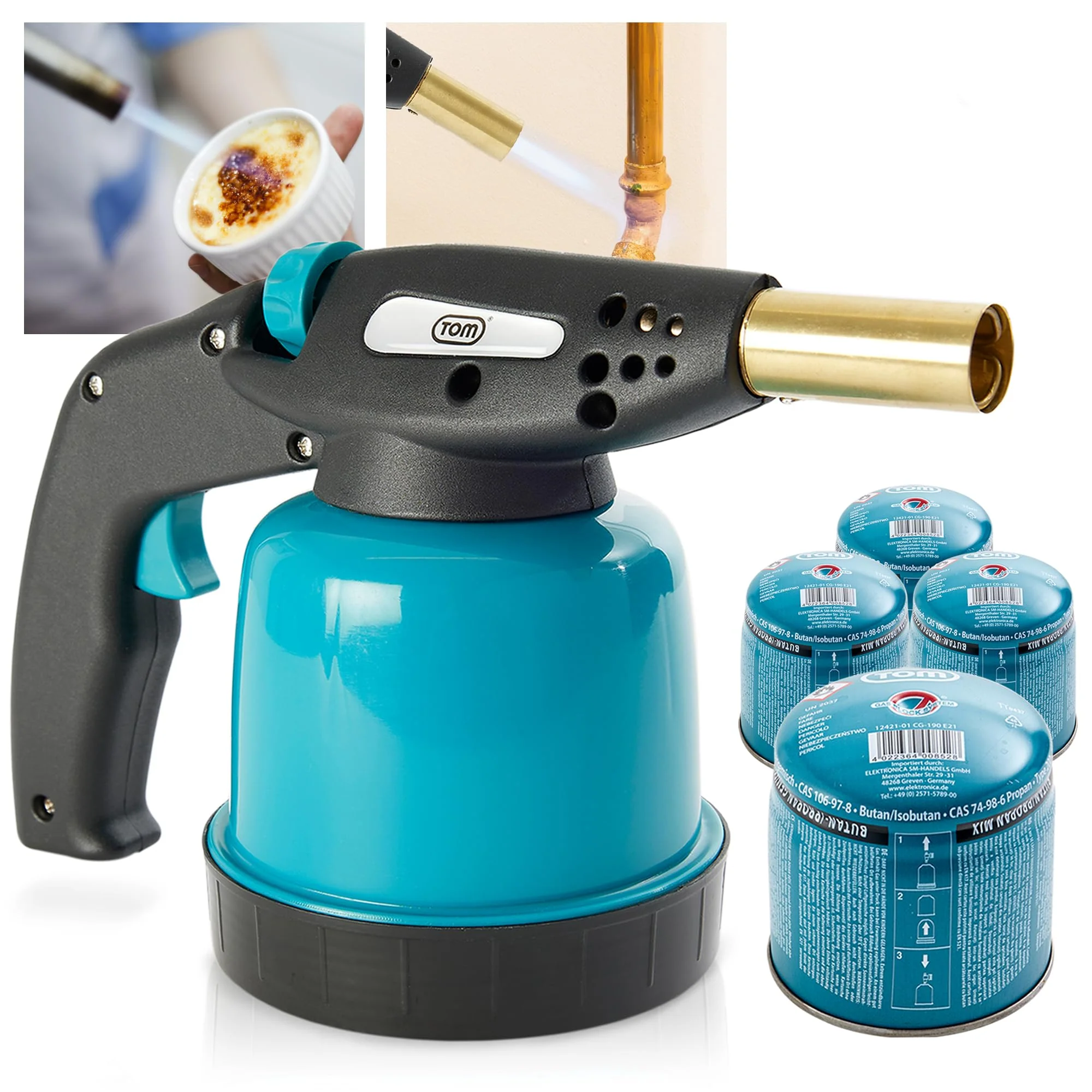 TOM Gas-Lötbrenner im Set – inkl. 4 x 190 g Universal Gaskartuschen – 1300°C – Lötlampe zum Weich- oder Hartlöten – Piezozündung – Bunsenbrenner Gasbrenner (Lötbrenner mit 4 Gaskartuschen) - Image 6