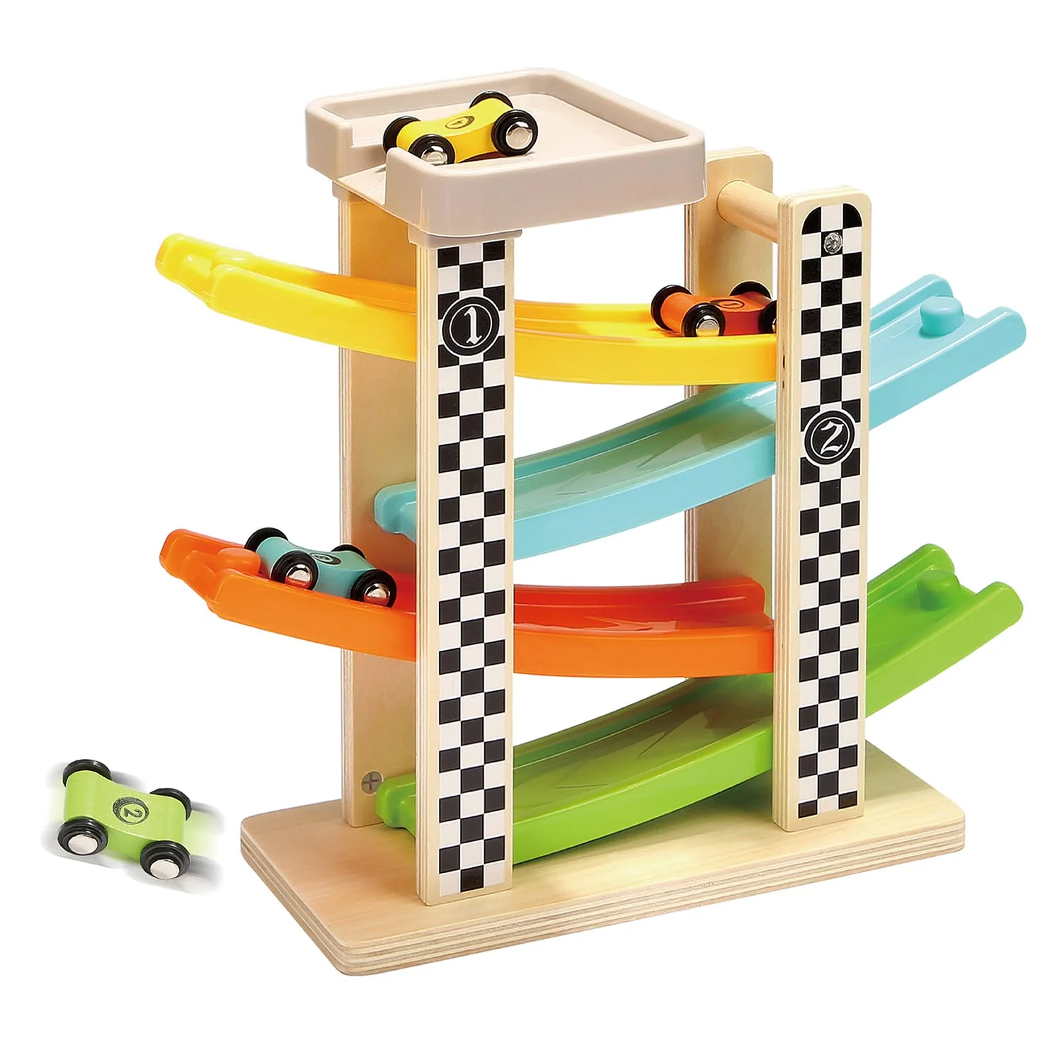 TOP BRIGHT Kugelbahn Autorennbahn Holz mit 4 Fahrzeuge, Auto Rennbahn Kinderspielzeug ab 1 2 Jahre Jungen und Mädchen, Holz Spielzeug ab 18 Monate Geburtstaggeschenke