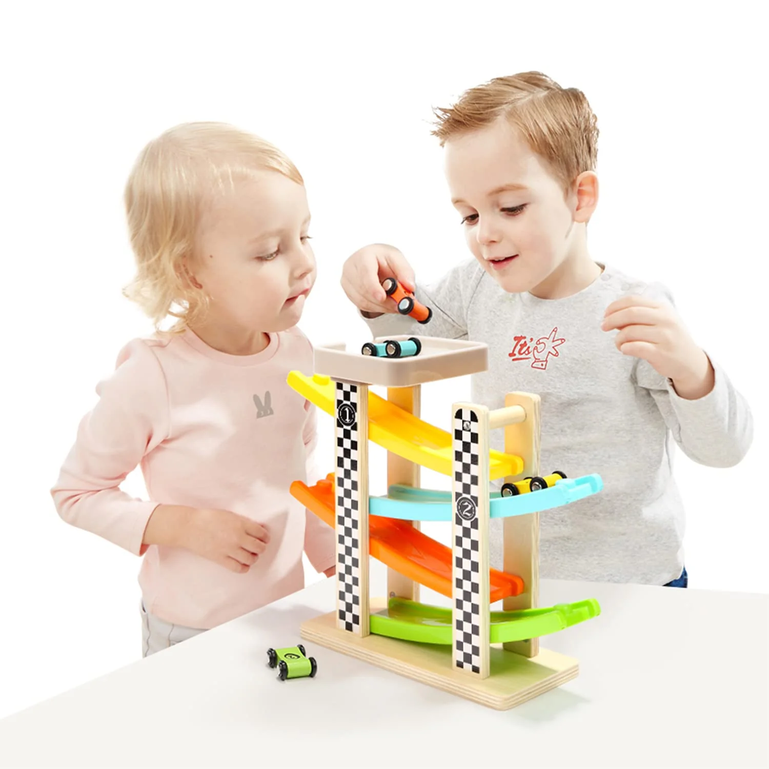 TOP BRIGHT Kugelbahn Autorennbahn Holz mit 4 Fahrzeuge, Auto Rennbahn Kinderspielzeug ab 1 2 Jahre Jungen und Mädchen, Holz Spielzeug ab 18 Monate Geburtstaggeschenke - Image 5
