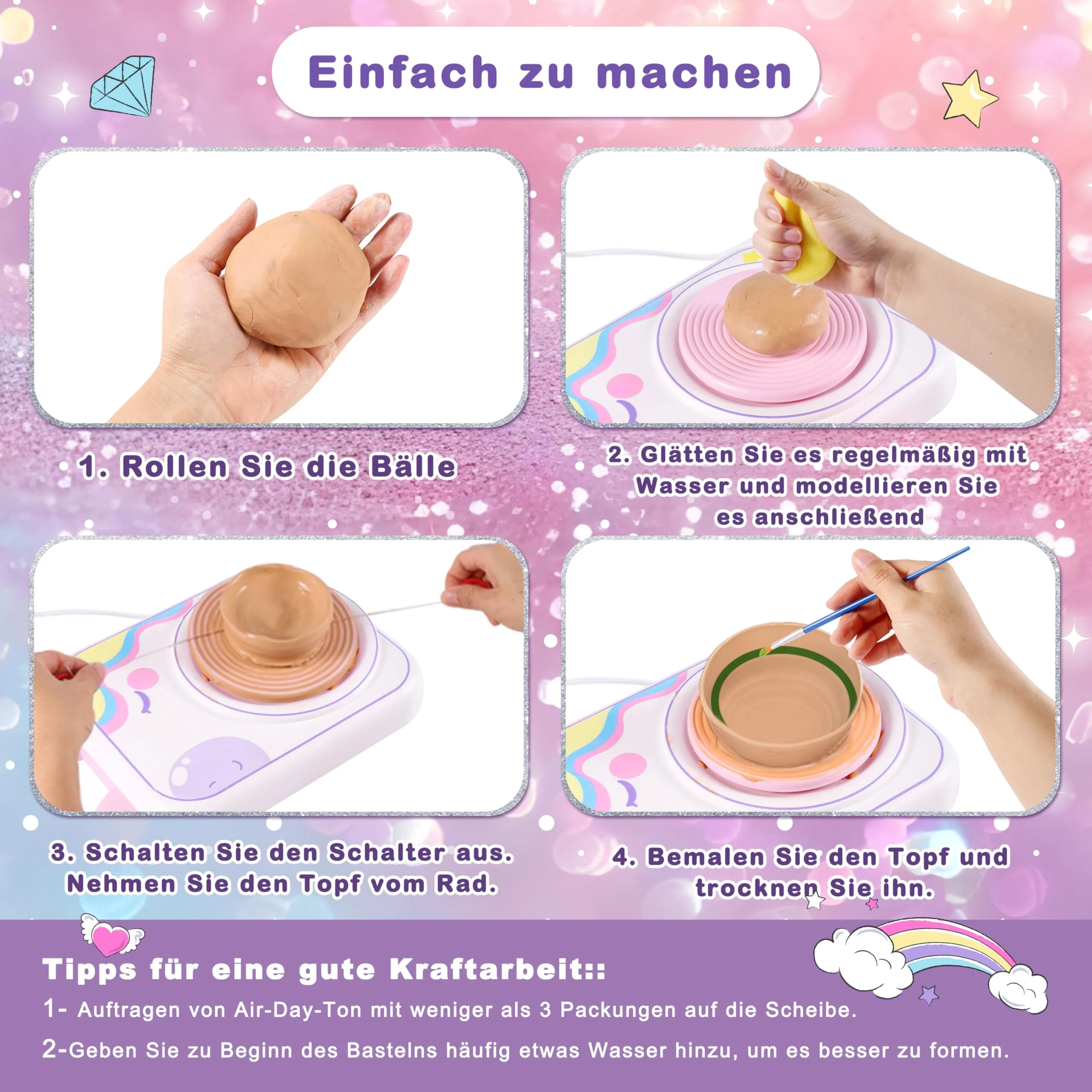 Töpferset für kinder,Töpferscheibe Elektrisch für Kinder,Kreatives Bastel, Kinder-Bastel,Bastelset Kinder ab 6 7 8 9 10 11 12 Jahre, geeignet als Geschenk für Mädchen im Alter von 6 bis 12 Jahren. - Image 4