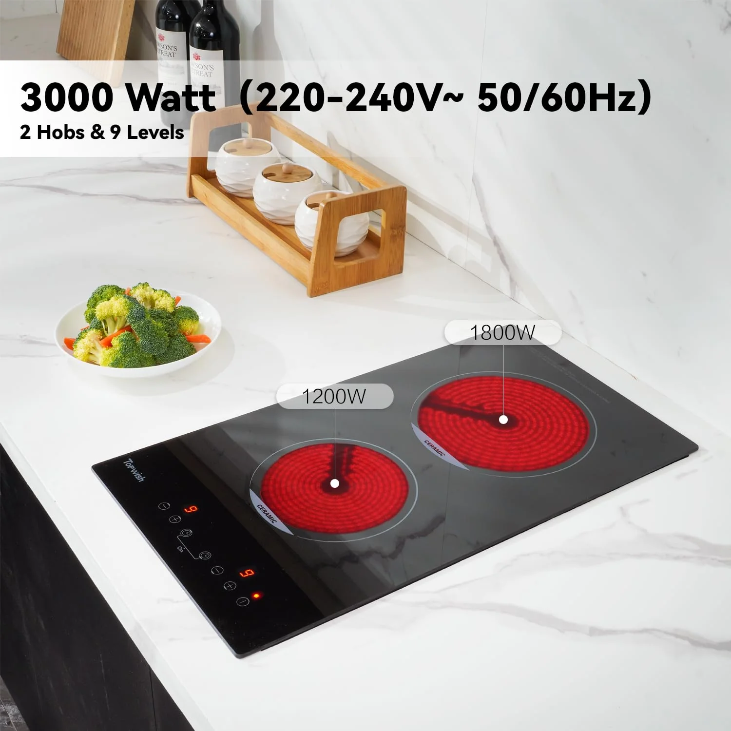 Topwish Glaskeramikkochfeld, 2 Zonen Keramikkochfeld, Elektroherd, integriertes elektrisches Kochfeld, Einbaukochfeld mit 9 Stufen, Kindersicherung, Touchsteuerung, Restwärmeanzeige, Timer, 29 * 52cm