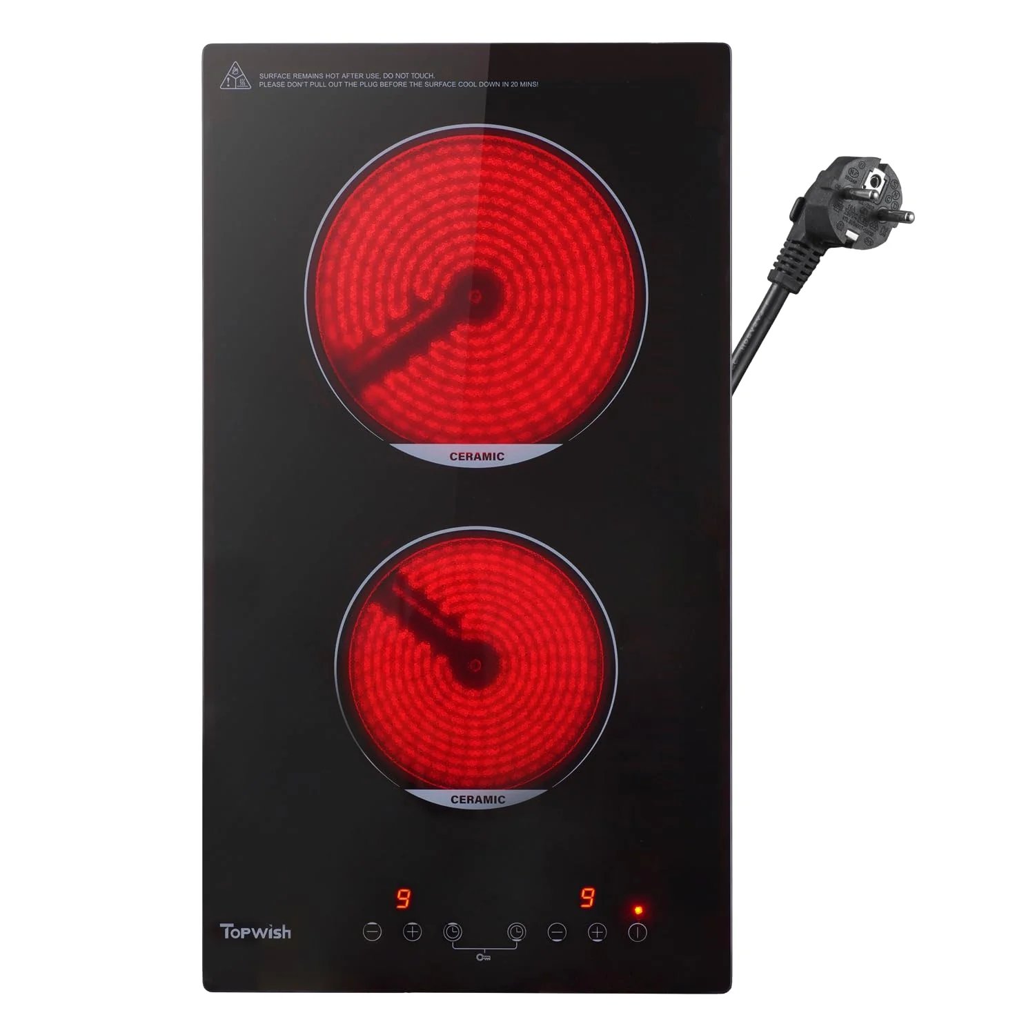 Topwish Glaskeramikkochfeld, 2 Zonen Keramikkochfeld, Elektroherd, integriertes elektrisches Kochfeld, Einbaukochfeld mit 9 Stufen, Kindersicherung, Touchsteuerung, Restwärmeanzeige, Timer, 29 * 52cm - Image 4