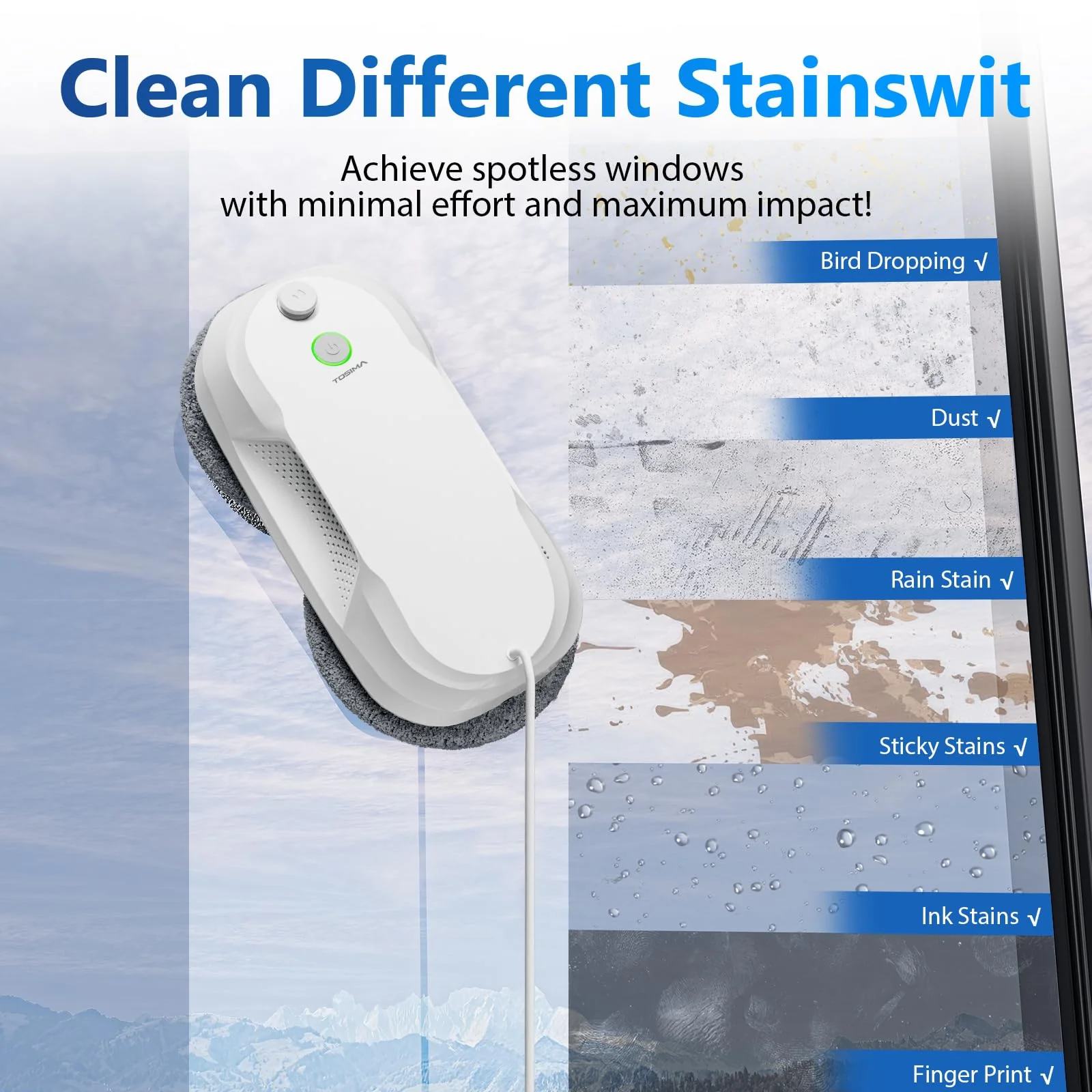 Tosima W5 Fensterputzroboter- Fensterroboter mit doppelter Düse,Einzigartige Variable Frequenzabsaugung, dreifaches Sicherheitssystem, Kantenerkennungsfunktion, intelligente Navigation (Weiß) - Image 7
