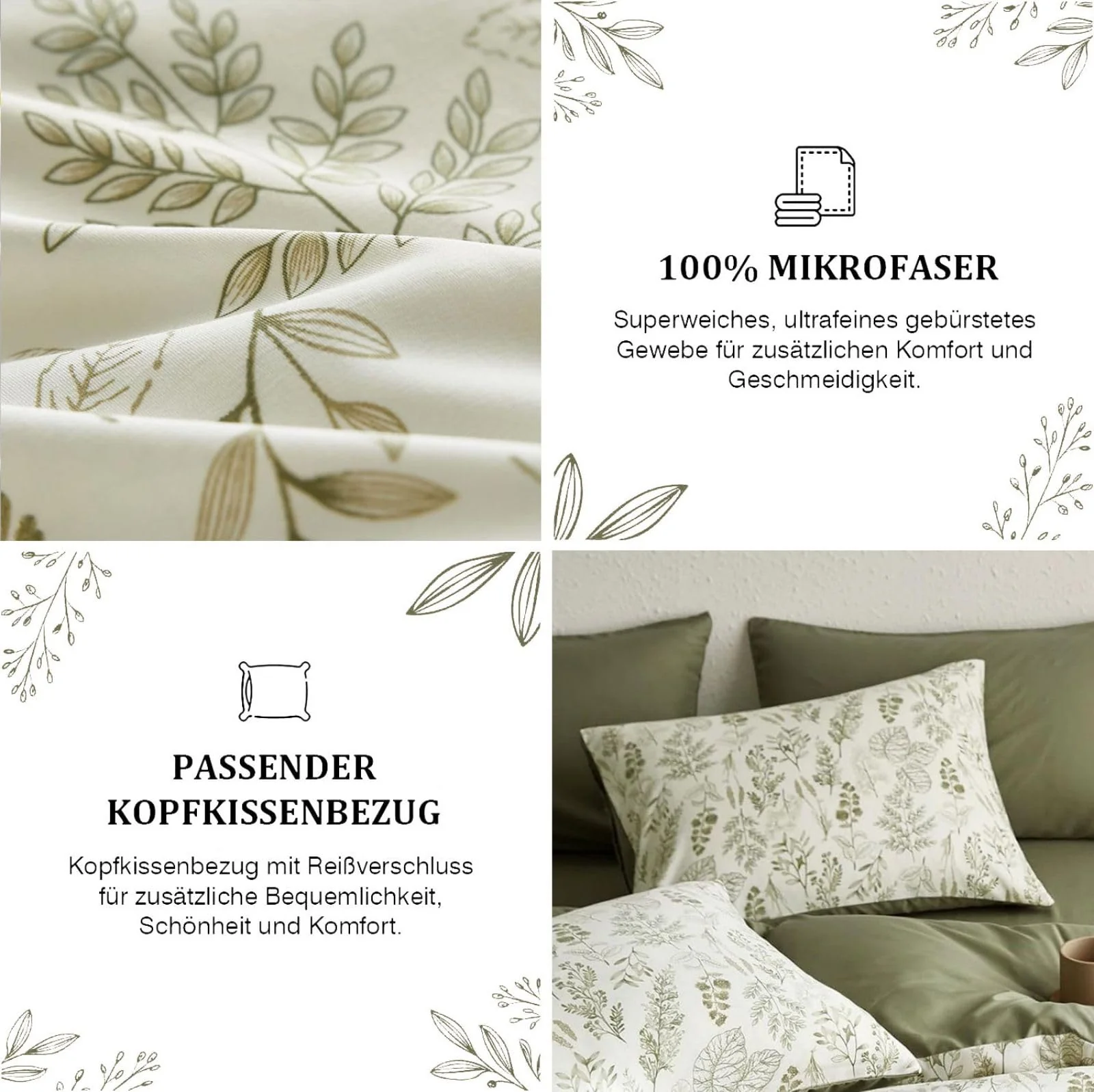 Tospass Blumen Bettwäsche 200x200 cm Olivgrün Weiß Blätter Pflanzen Muster Bettwäsche Set Floral Bettbezug Mikrofaser Wende Bettwäsche 1 Deckenbezug mit Reißverschluss 2 Kissenbezug 80x80 cm - Image 5