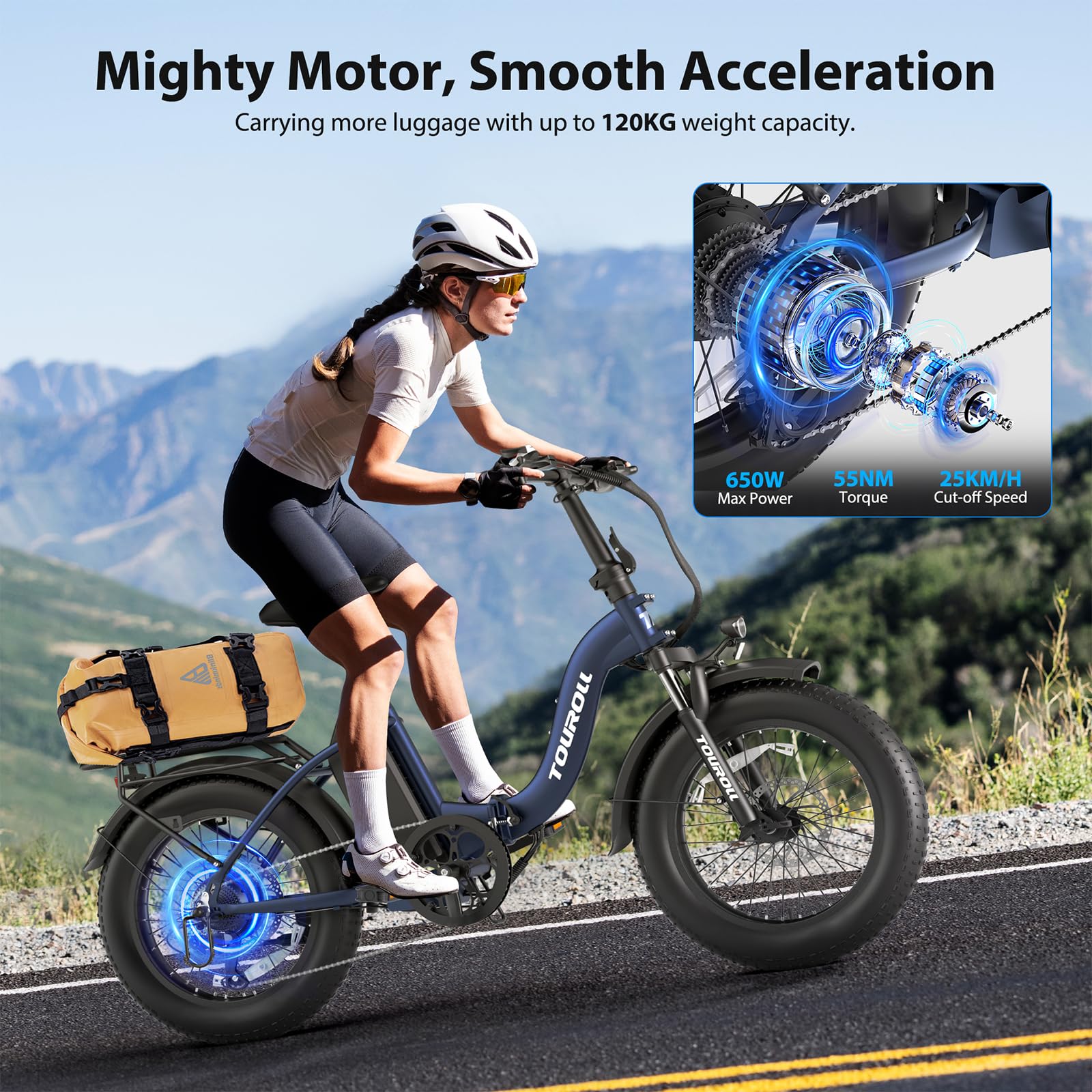 Touroll Klapprad E Bike, 20 * 4 Zoll Elektrofahrräder mit 48v 15Ah Akku, 25km/h, Reichweite bis zu 120-150km, 250W 55N.M Motor E-Bike mit 7-Gang, LCD-Display, Elektrofahrrad für Herren Damen - Image 7