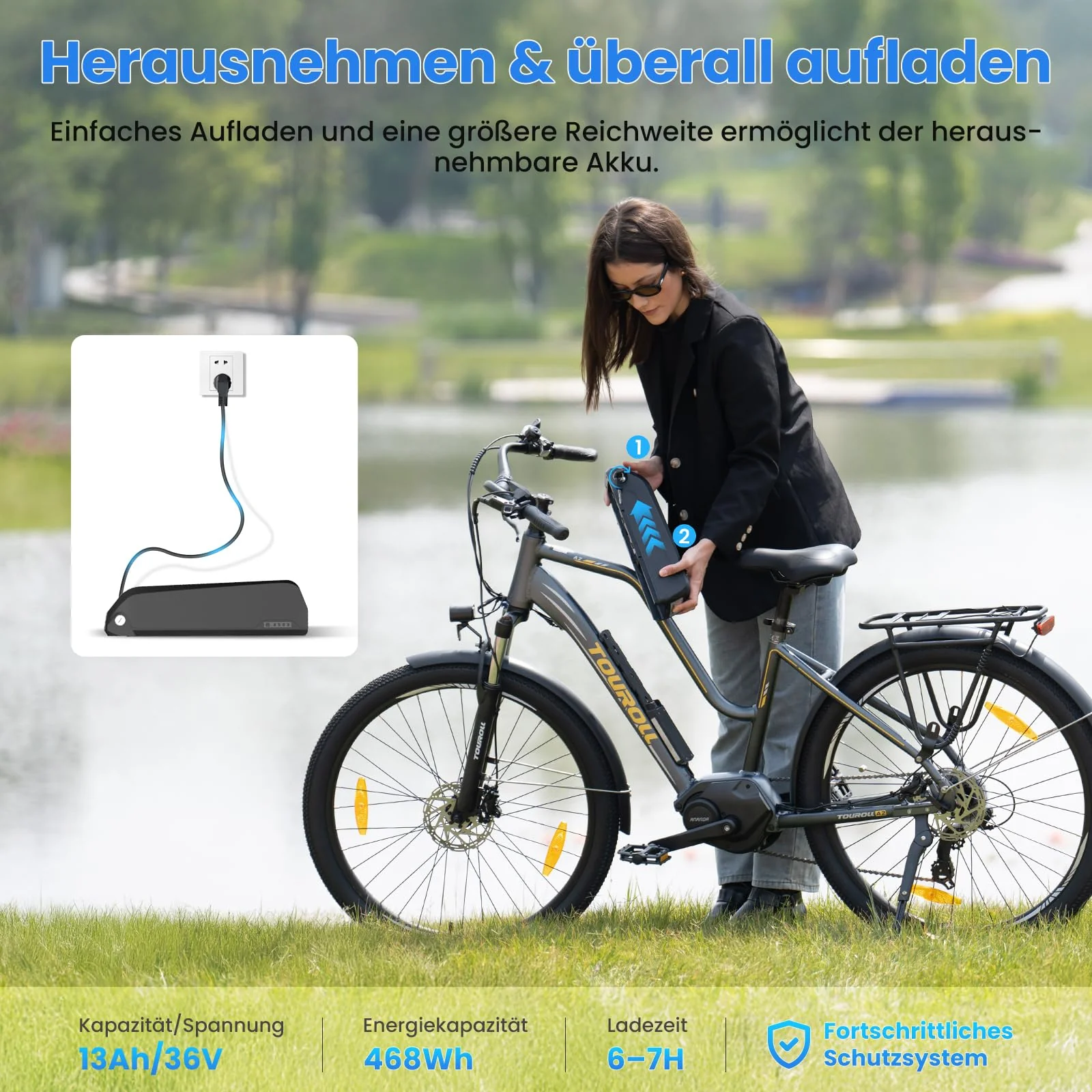 Touroll MA2 27.5'' E-Bike für Erwachsene, Cityräder Elektrofahrrad mit 250W 70N.M Mittelmotor Motor und 36V 468Wh Akku, Reichweite 100km, Hydraulische Scheibenbremse Ebikes für Herren Damen (Braun) - Image 6