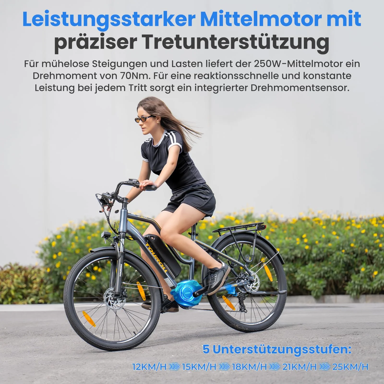 Touroll MA2 27.5'' E-Bike für Erwachsene, Cityräder Elektrofahrrad mit 250W 70N.M Mittelmotor Motor und 36V 468Wh Akku, Reichweite 100km, Hydraulische Scheibenbremse Ebikes für Herren Damen (Grau) - Image 8